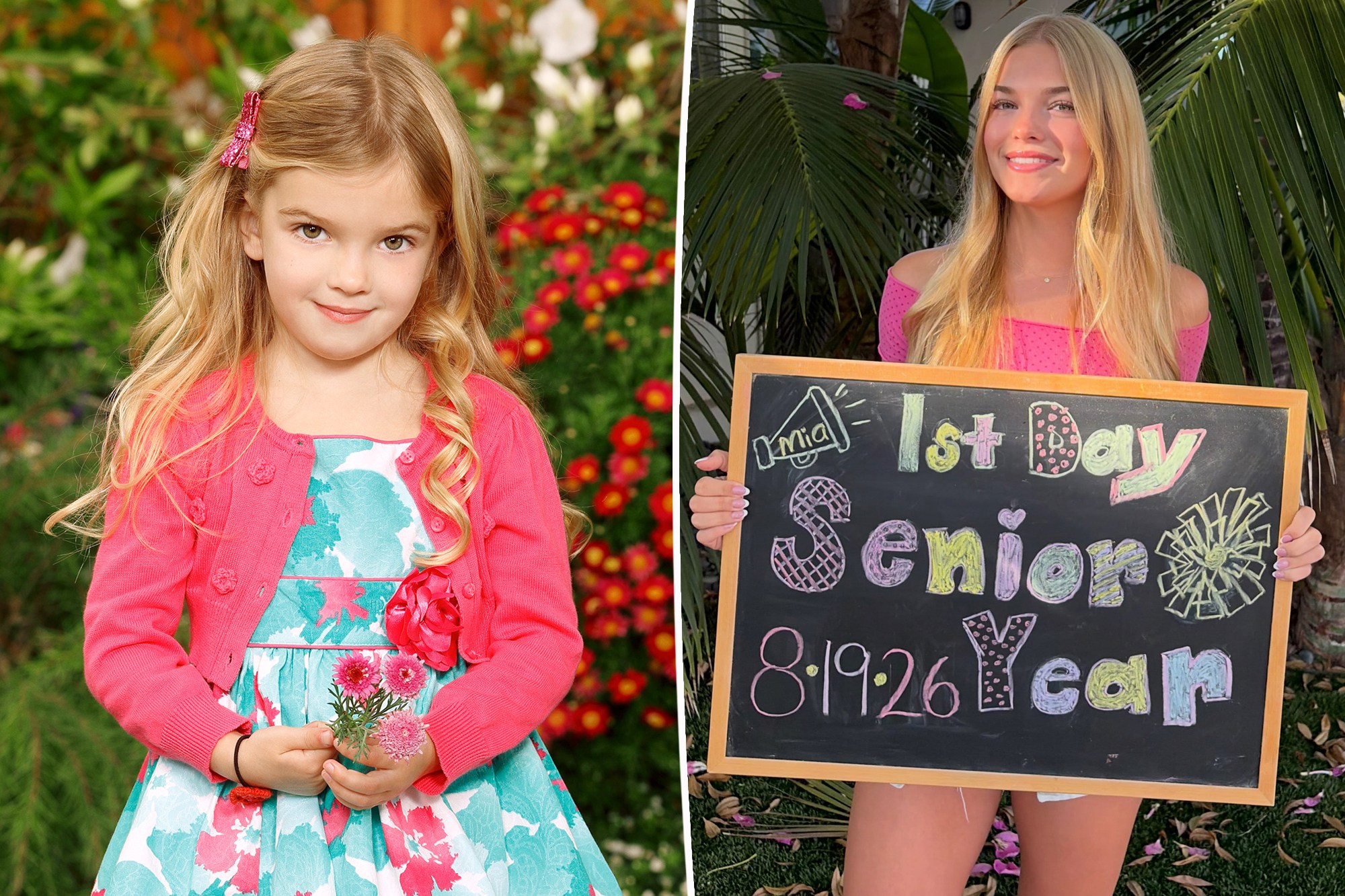 A split image shows a young girl holding flowers on the left and a teenager holding a chalkboard that reads "1st Day Senior Year" on the right.