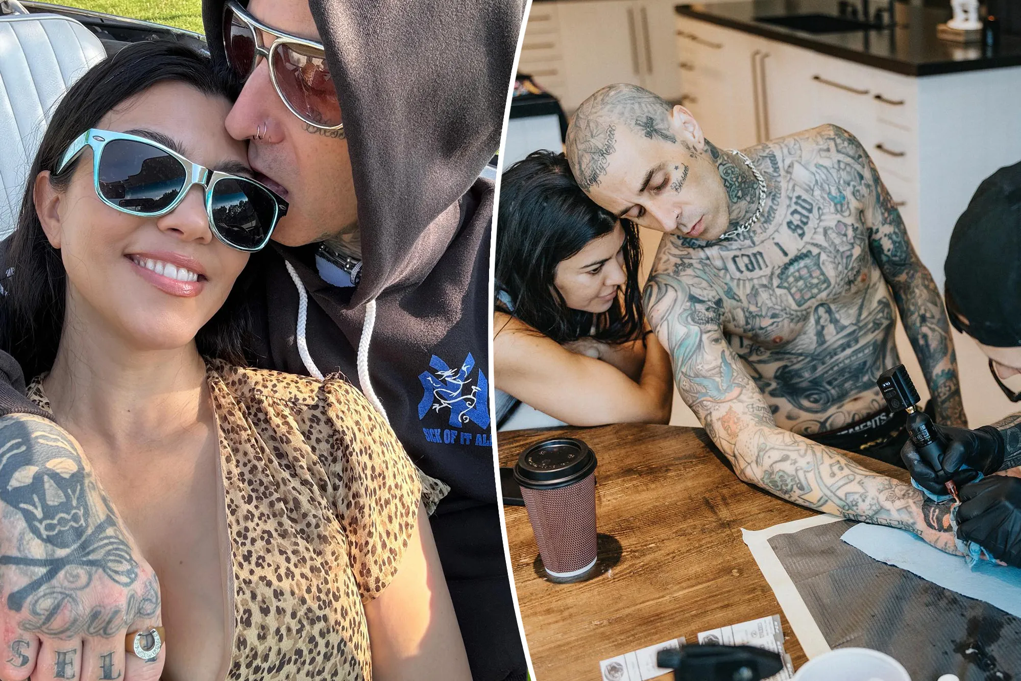 A split of two images of Kourtney Kardashian and Travis Barker