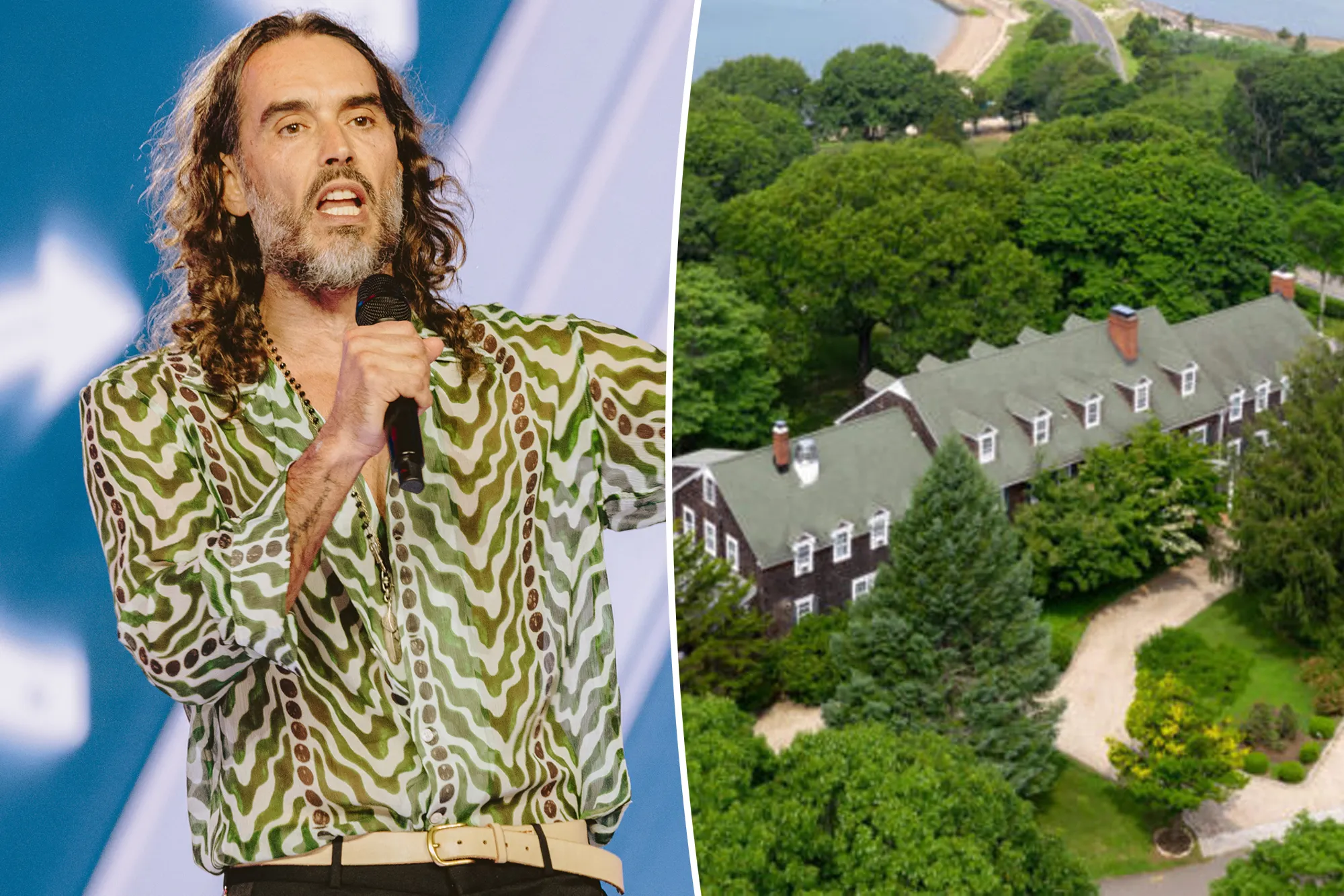 Russell Brand speaking into a microphone at a public event.