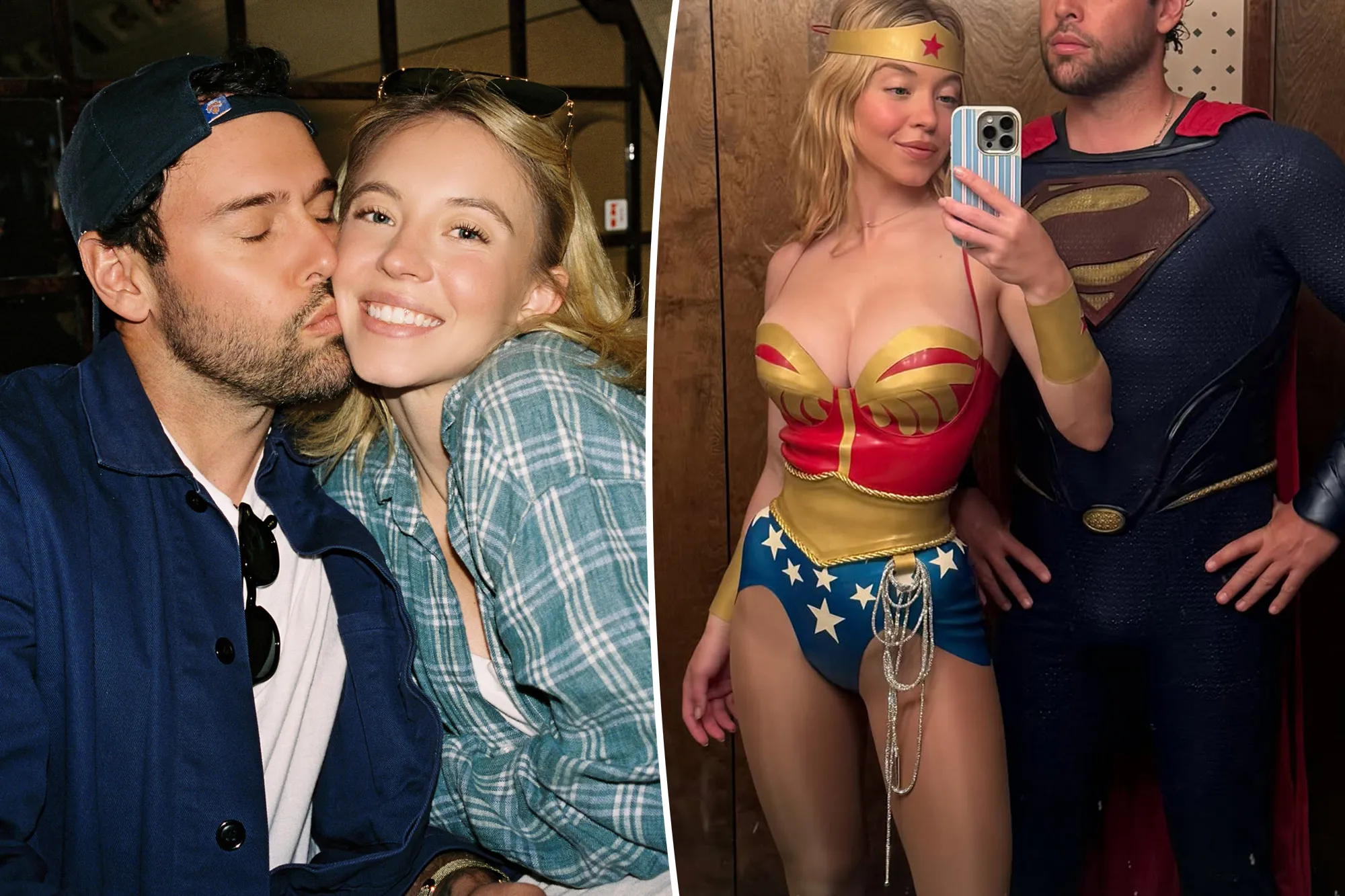 A split of Sydney Sweeney and Scooter Braun, and an image of Sweeney and Braun dressed as Wonder Woman and Superman, respectively