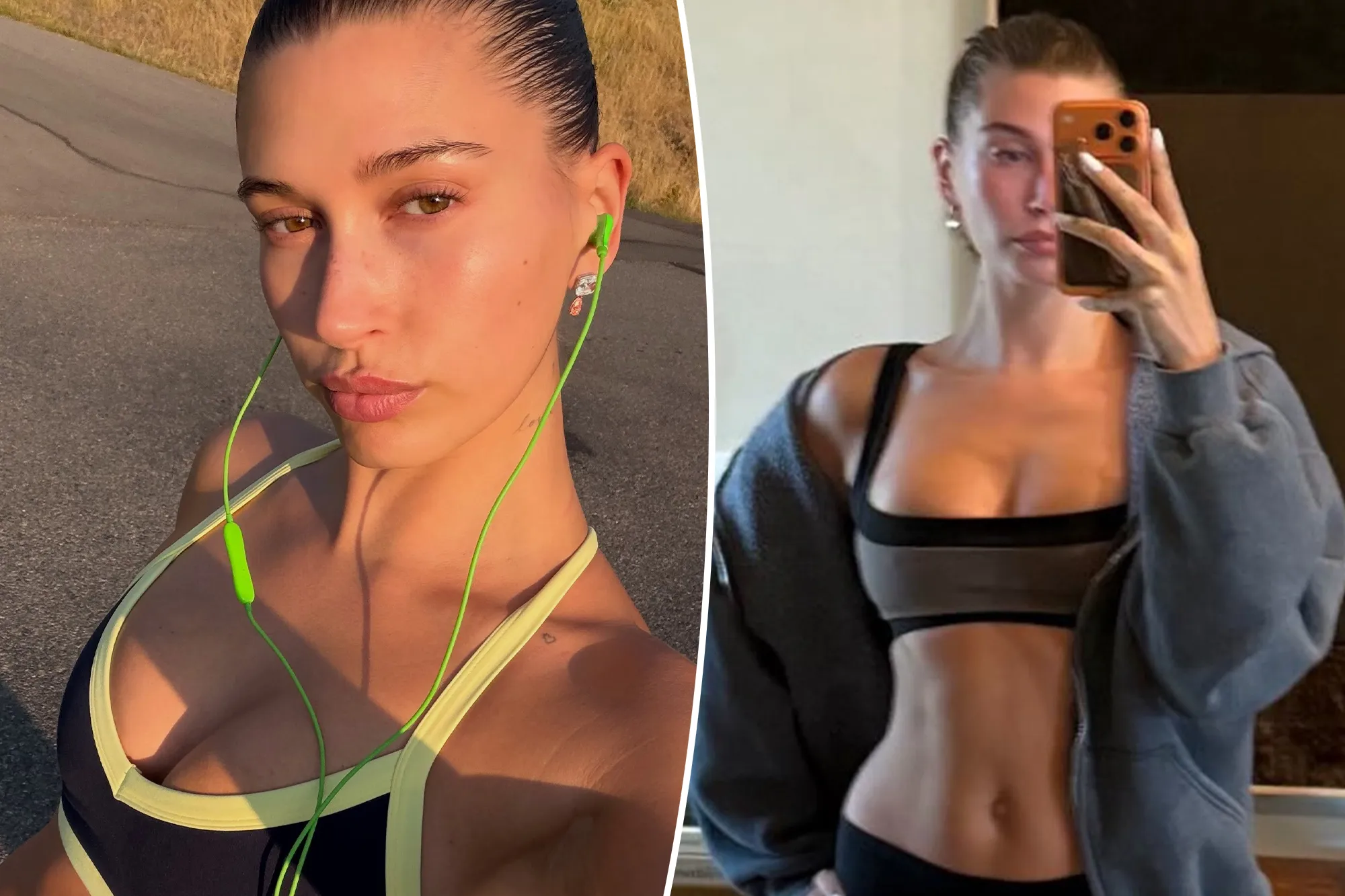 Hailey Bieber wearing luxury jewelry and athletic gear