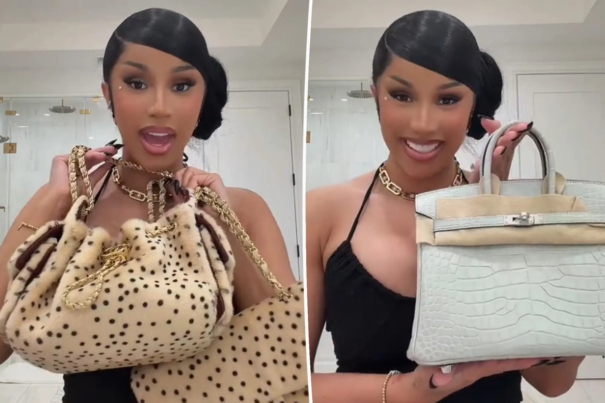 Collage of Cardi B showing off a polka-dotted fur bag and a light blue crocodile skin bag.