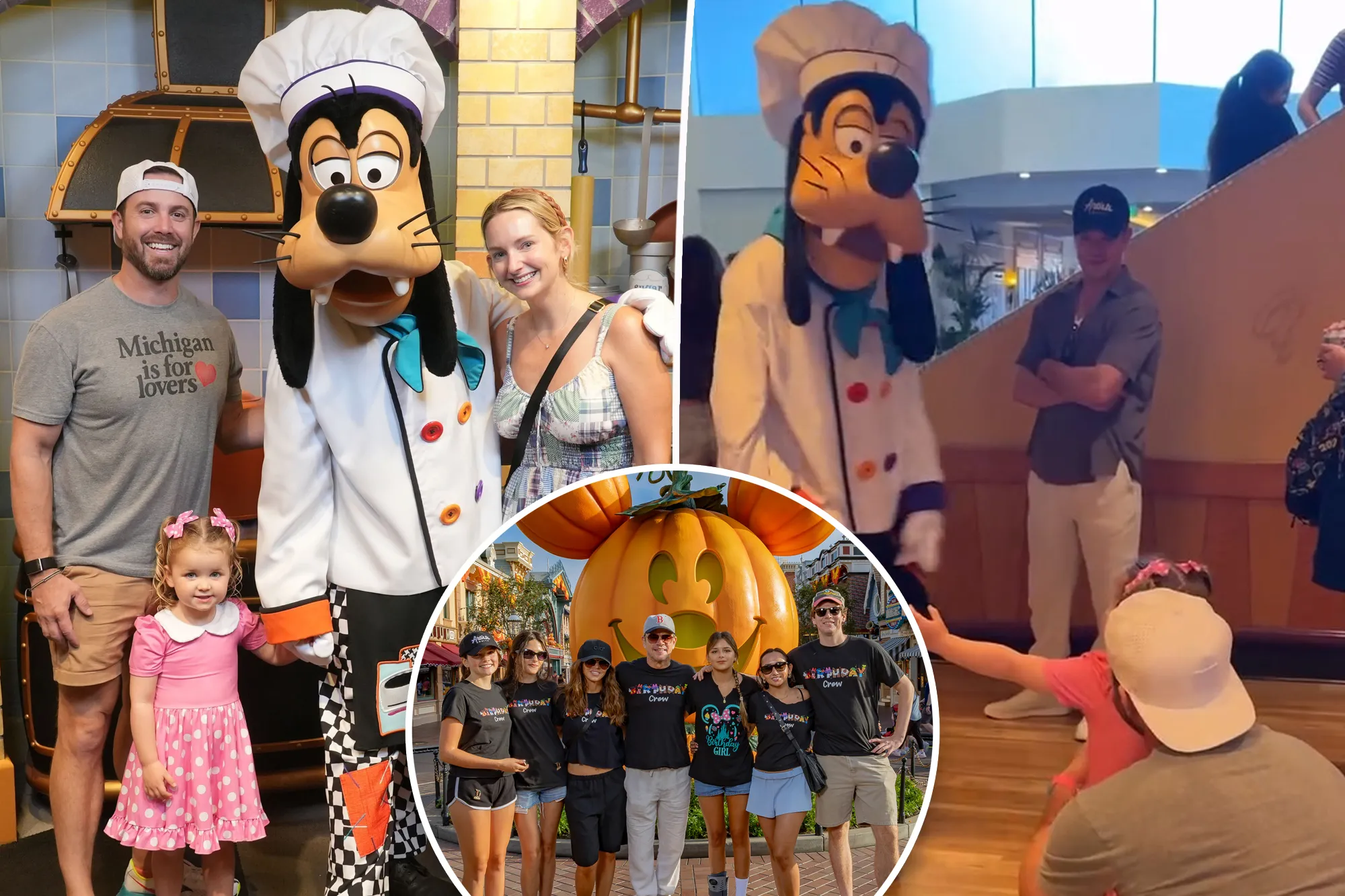 Matt Damon at Disneyland in the background of a little girl meeting Goofy for the first time.