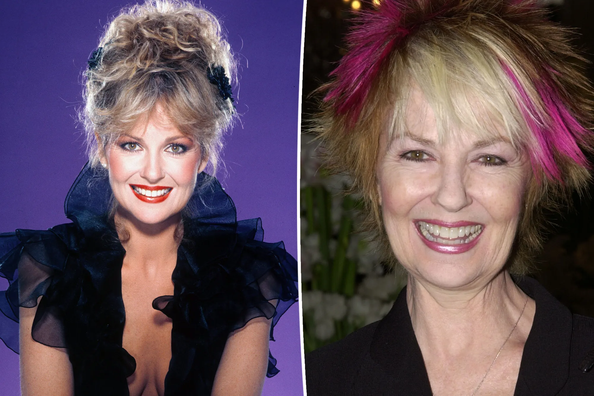 Collage of a woman smiling with blonde hair and red lipstick, and a woman with spiky blonde and pink hair.