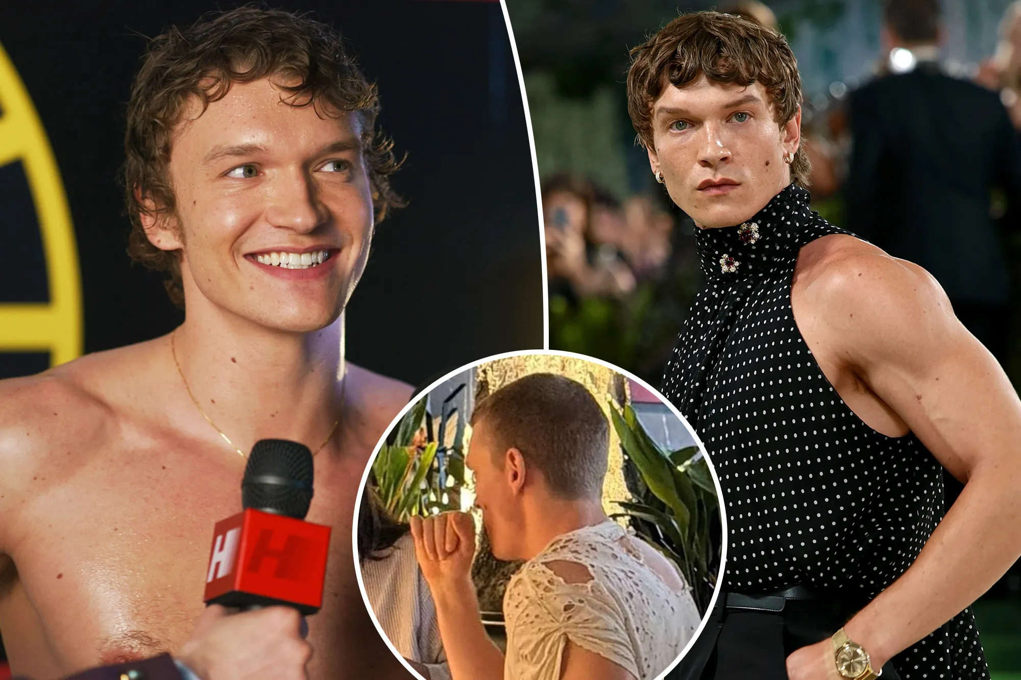 Collage of images featuring Connor Storrie, including one of him shirtless holding a microphone and another in a polka-dot top.