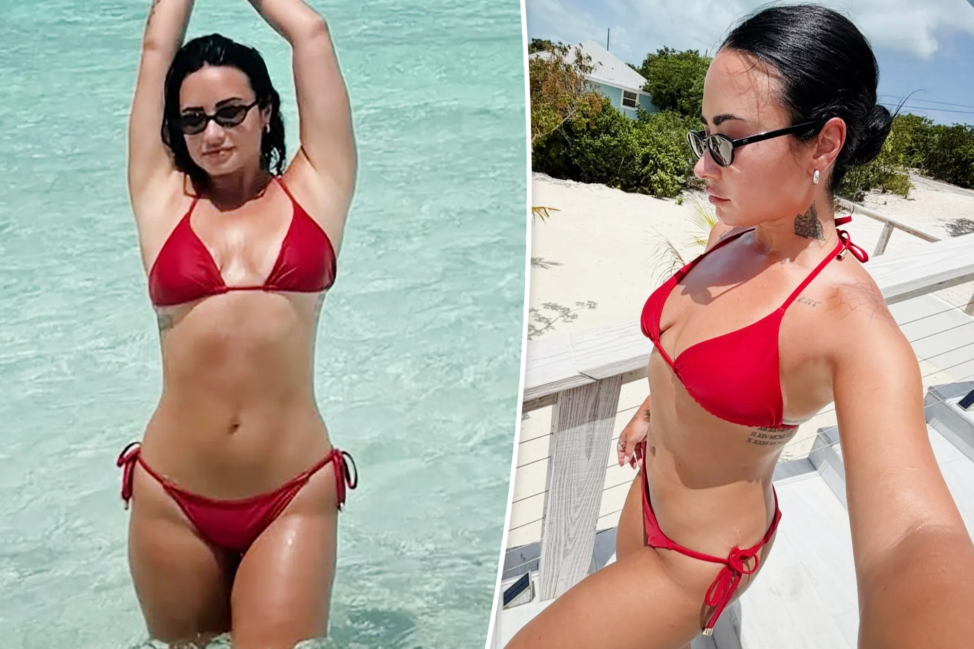 Demi Lovato posing on a beach in a red string bikini during her Bahamas birthday trip