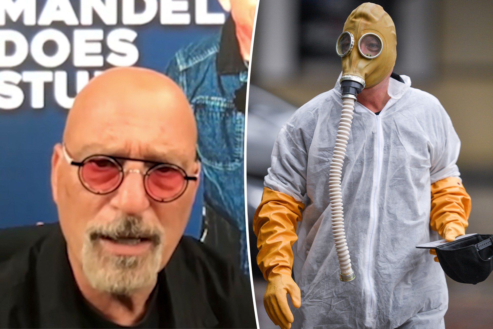 A split of Howie Mandel on the "Joy 101" podcast, and an image of Mandel in a hazmat suit
