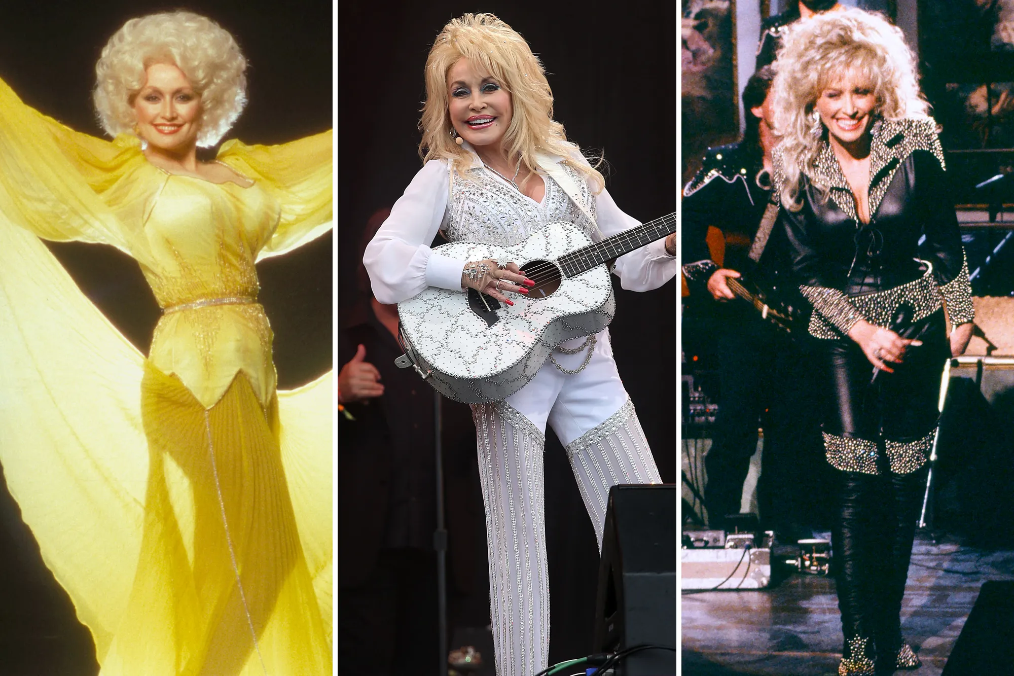 Dolly Parton wearing a sparkling bedazzled outfit with her signature big blonde hair