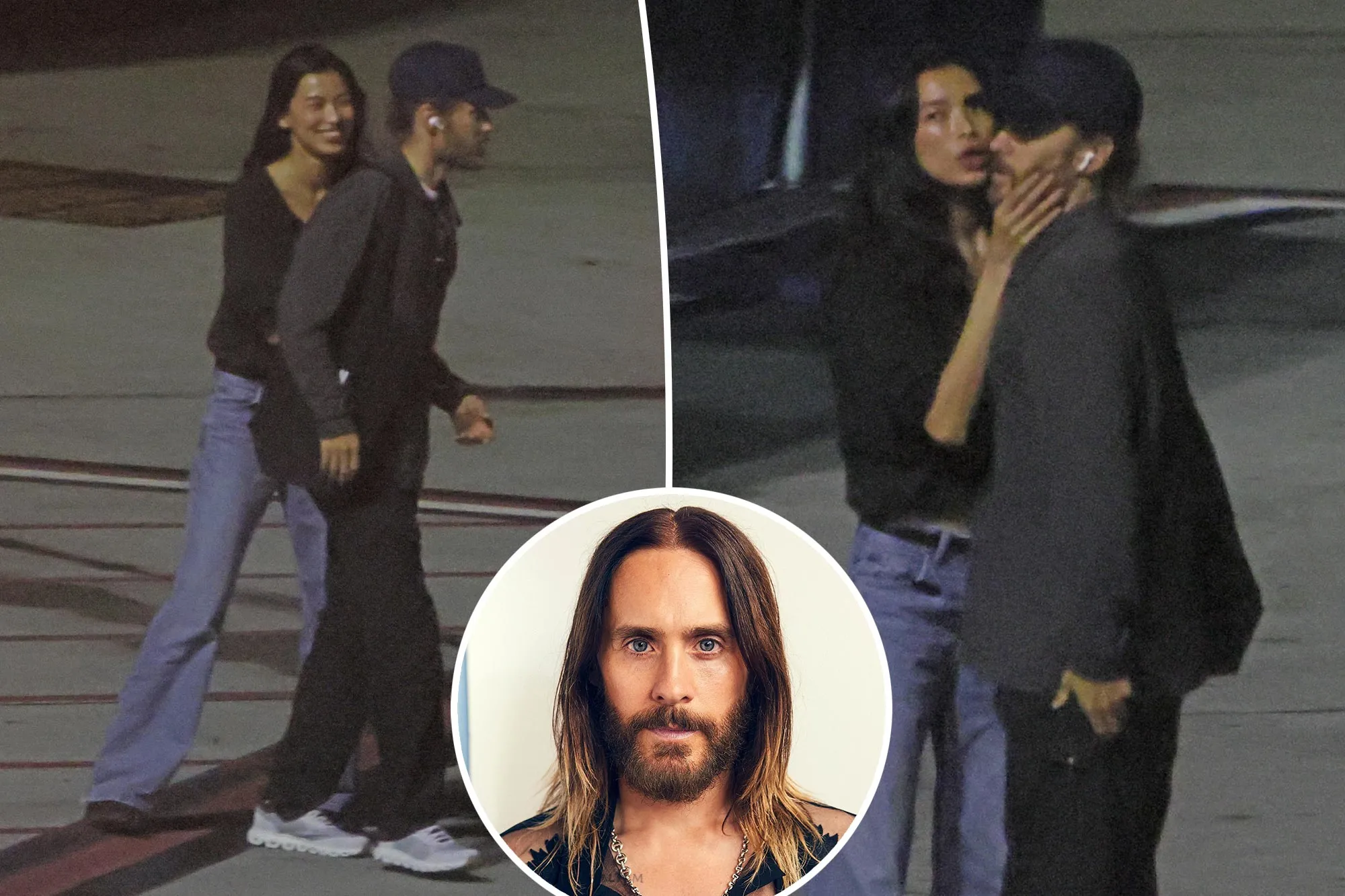 Collage of Jared Leto and a woman walking, then the woman touching Leto's face, with an inset of Leto's headshot.