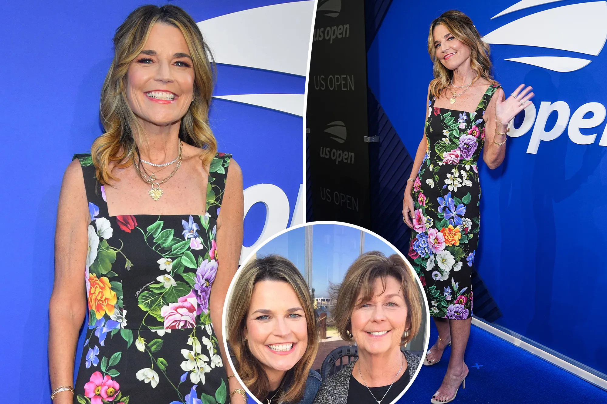 Collage of Savannah Guthrie in a floral dress at the US Open, and a selfie of her with her mother.