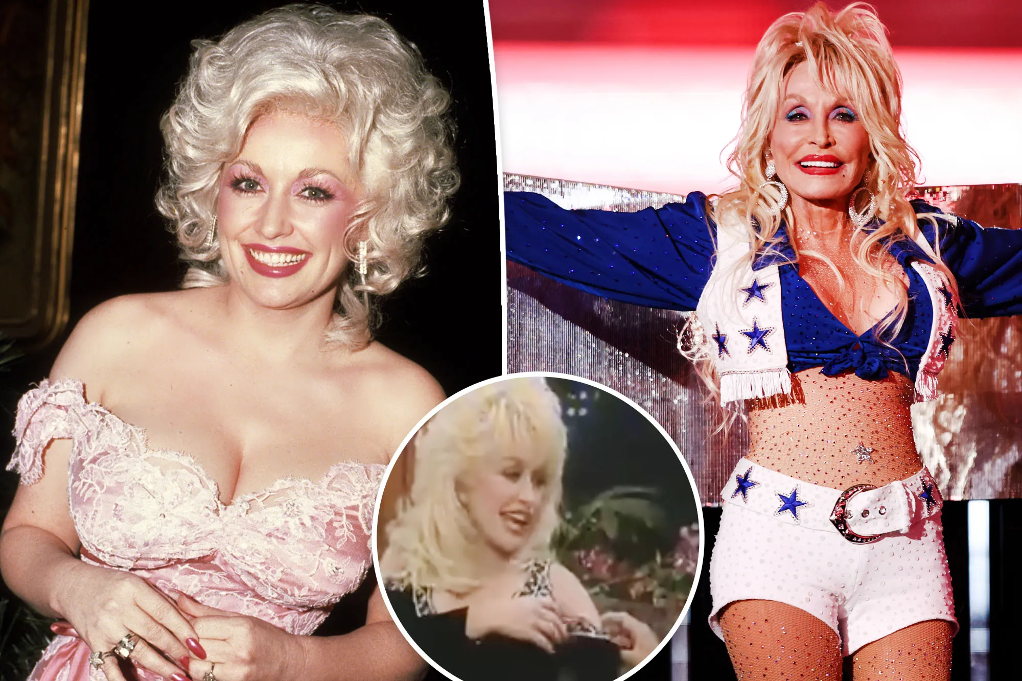 Dolly Parton smiling in a glamorous sparkling outfit
