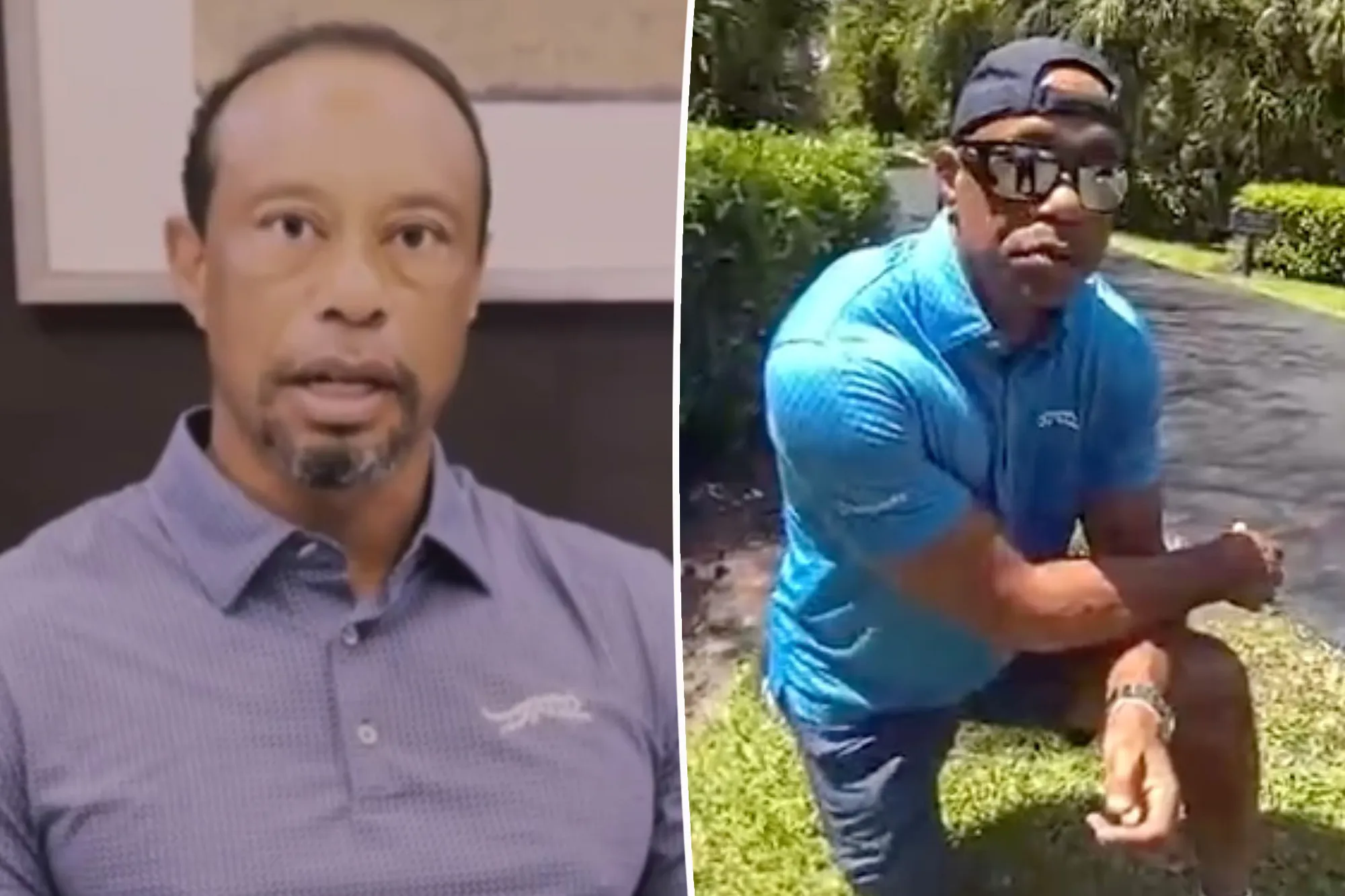Collage of two images of Tiger Woods wearing polo shirts.
