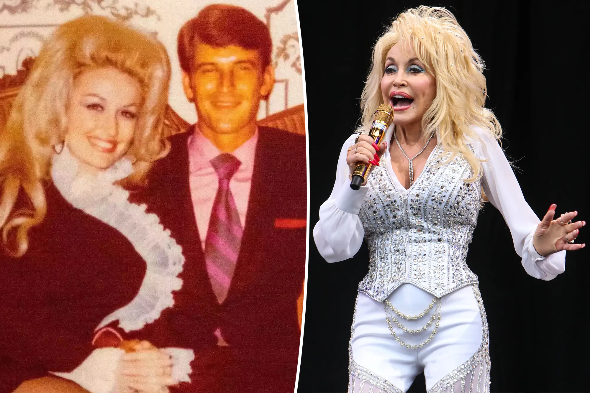 Dolly Parton smiling on a red carpet in a glittering outfit
