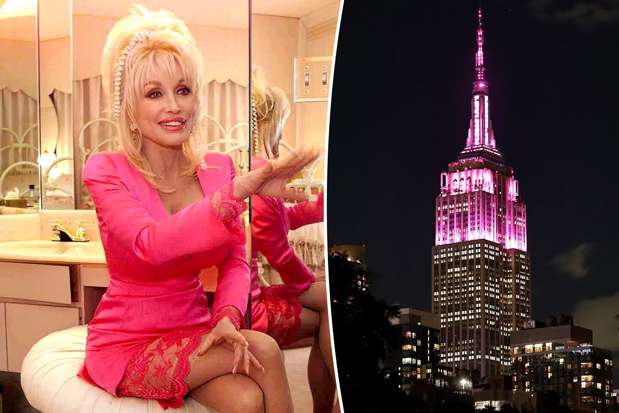 The Empire State Building illuminated in pink sparkle lights for Dolly Parton