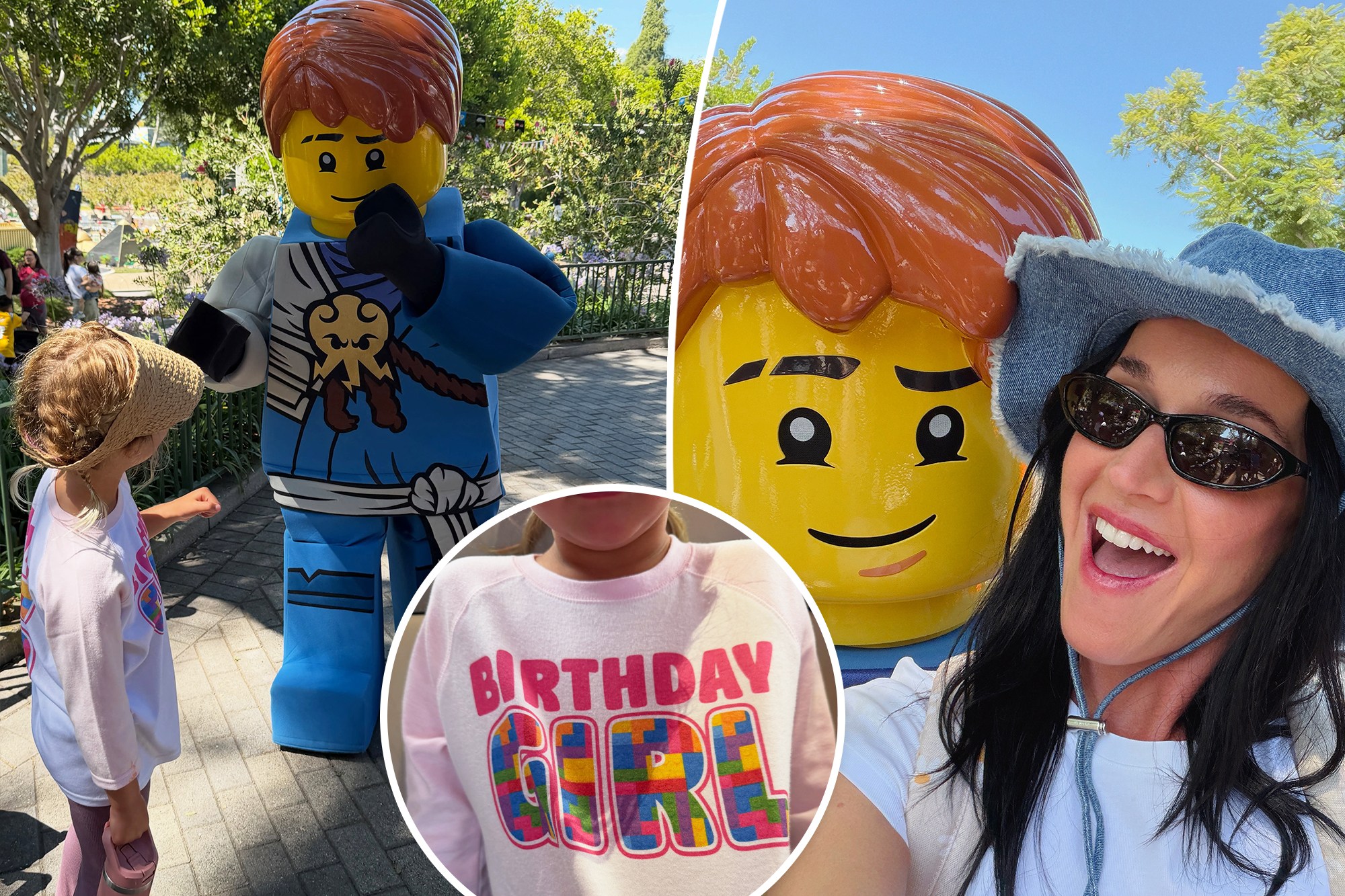 A split of three images of Katy Perry and her daughter, Daisy Dove, celebrating her 6th birthday at LEGOLAND California Resort