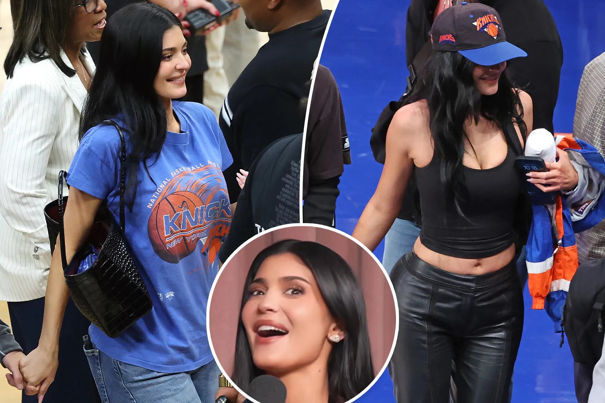 Kylie Jenner sitting courtside at a basketball game in a trendy outfit