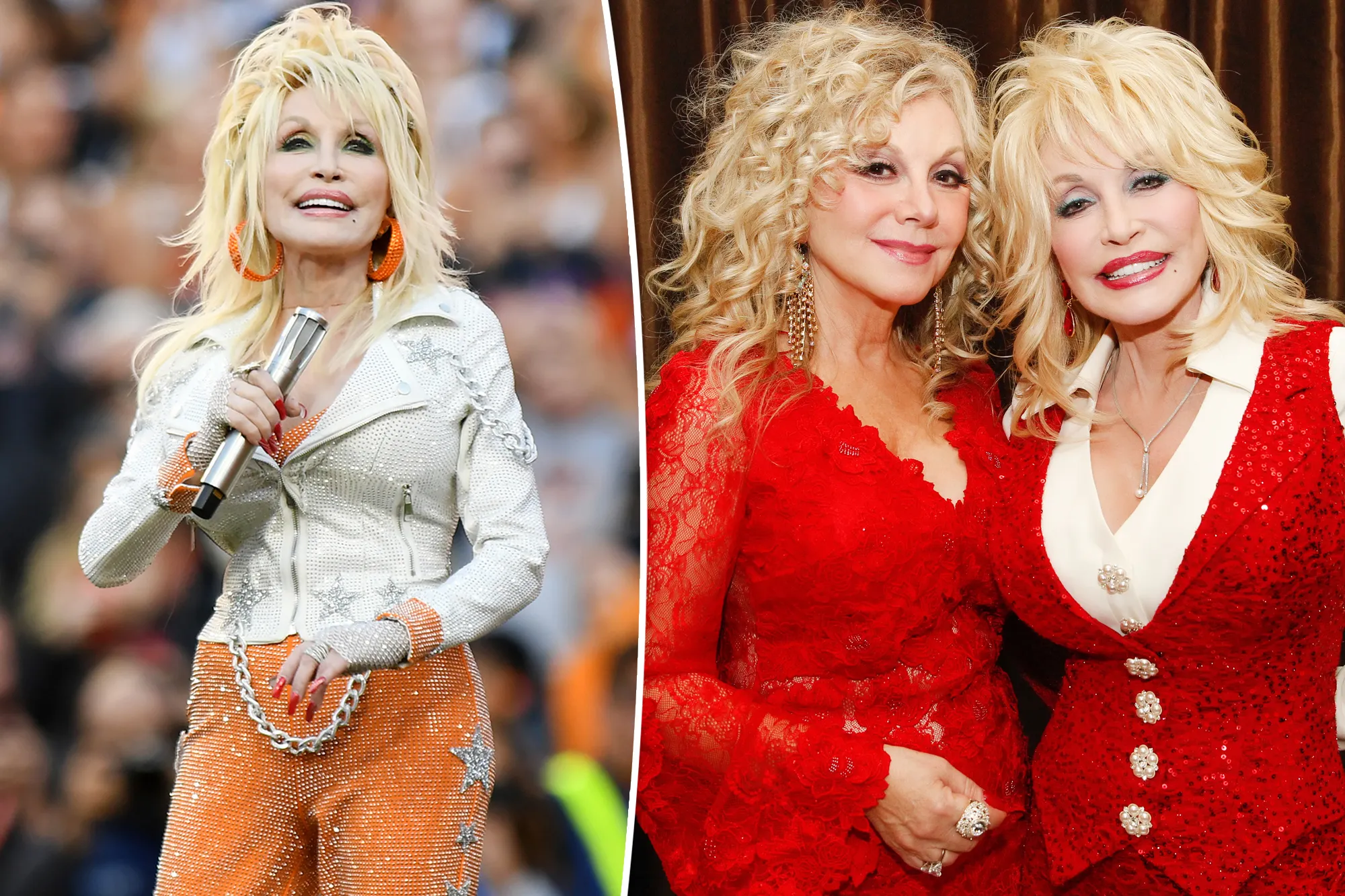 Dolly Parton smiling on a red carpet in a glittering outfit