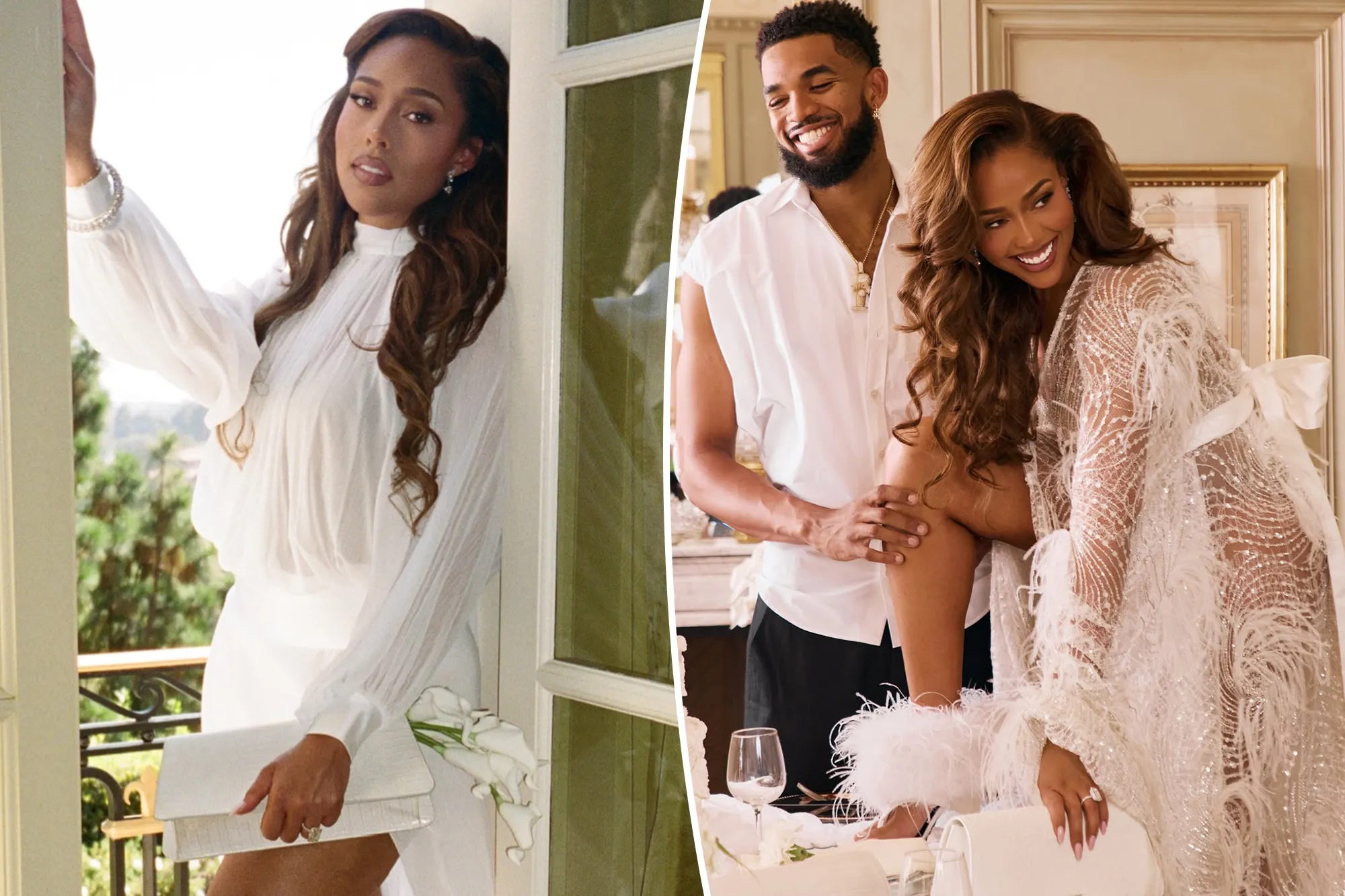 Collage of a woman in a white dress and a man with a woman in a feathery dress.