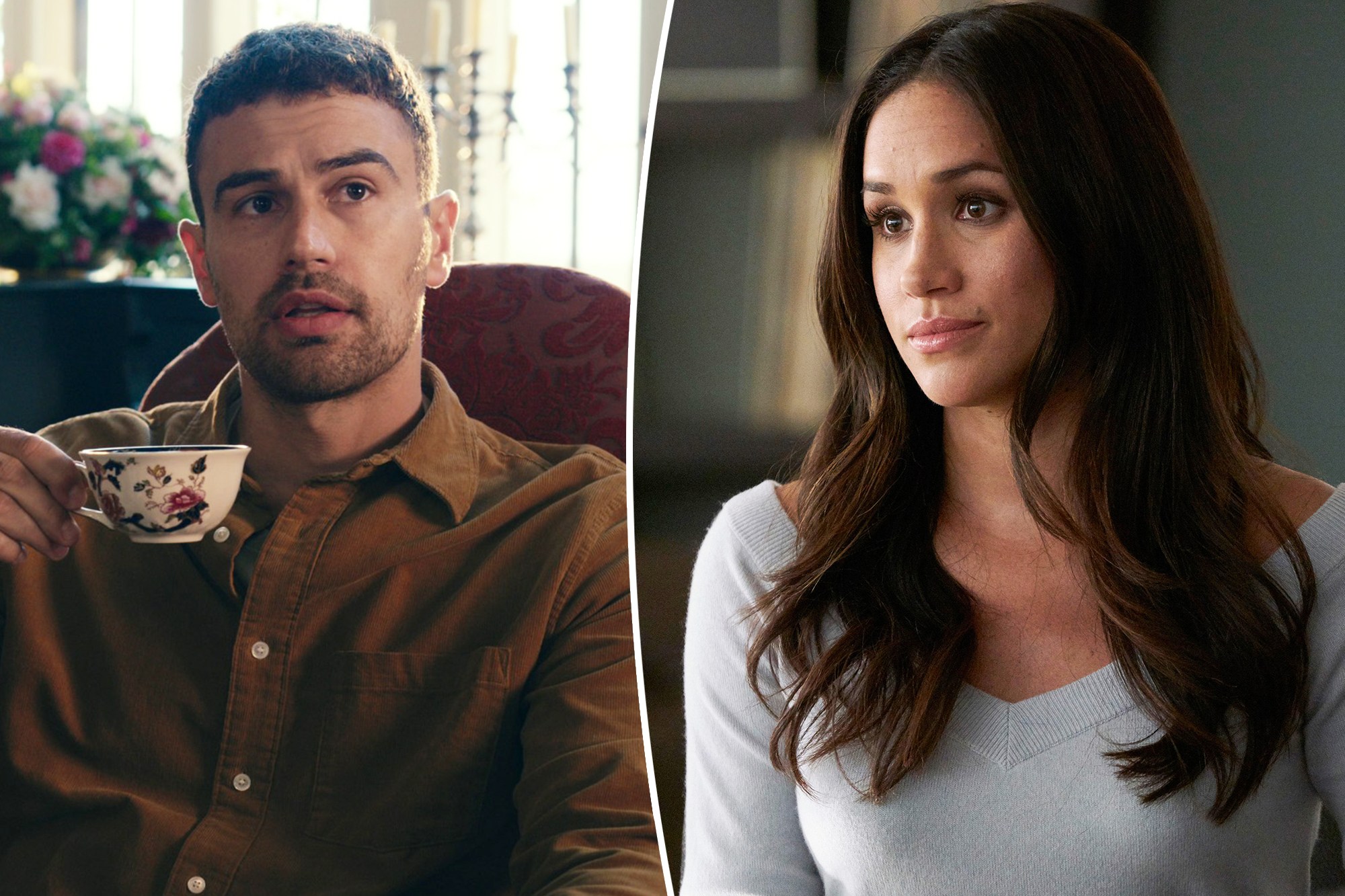 Collage of Theo James holding a teacup and Meghan Markle.