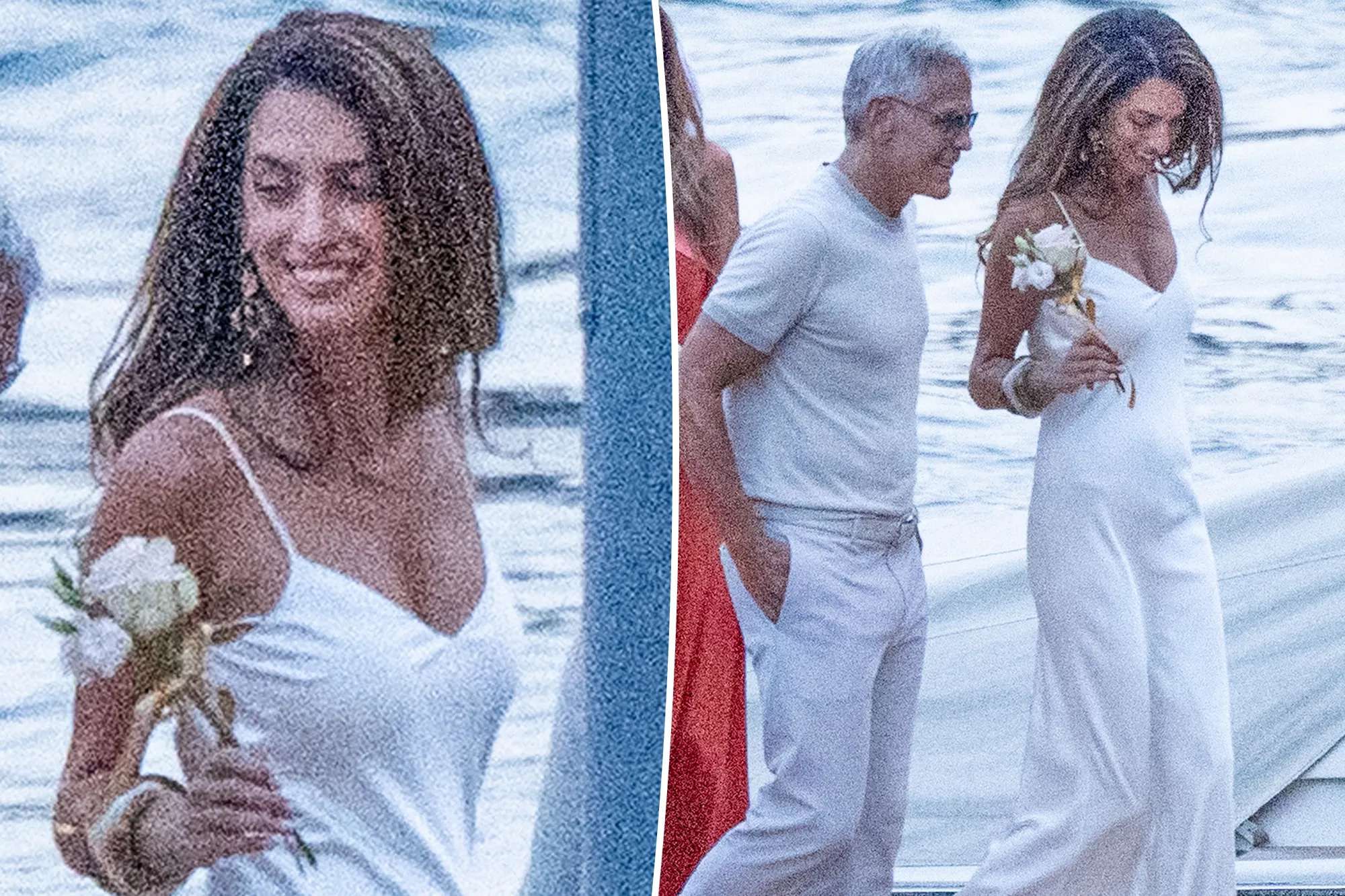 Amal Clooney wearing a white slip dress next to George Clooney on a date night in Lake Como