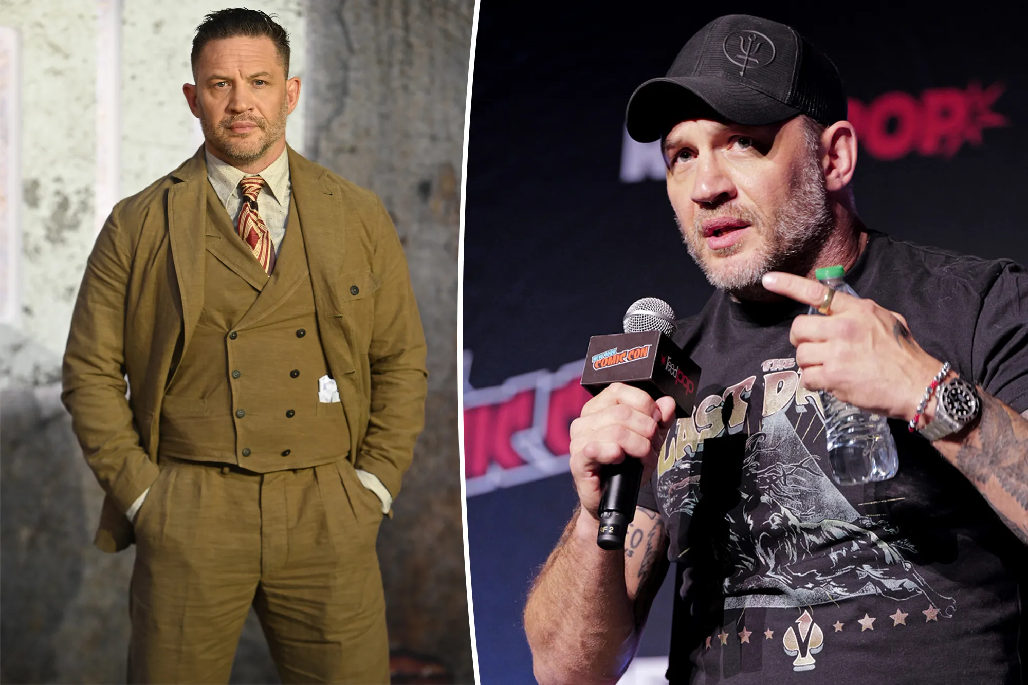 Tom Hardy posing on a red carpet looking rugged and serious