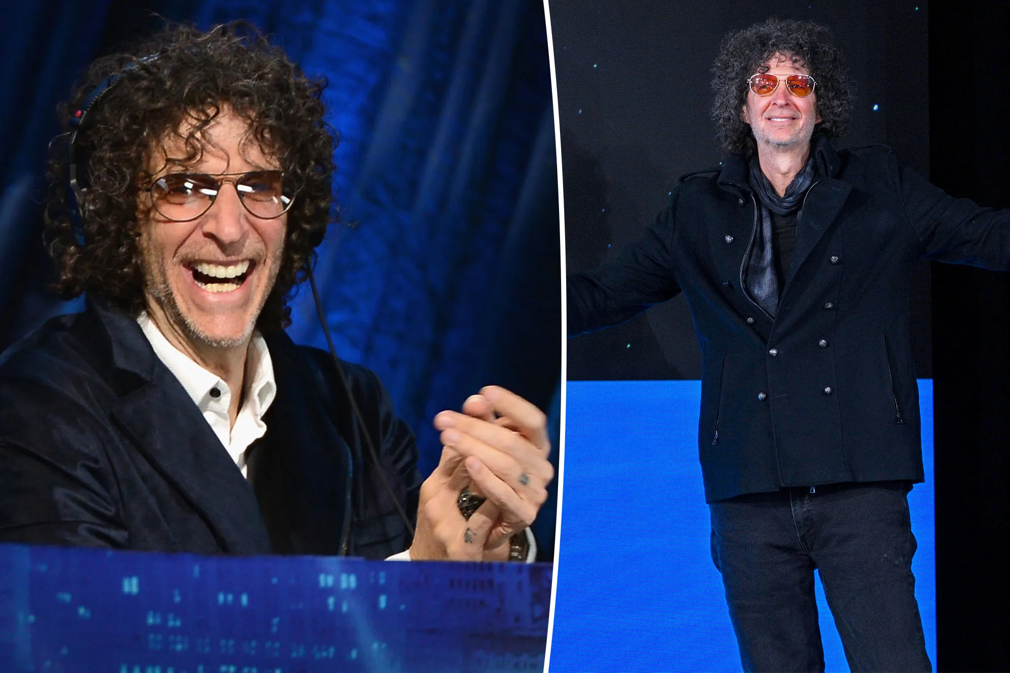 Howard Stern seated at a microphone inside his radio broadcasting studio