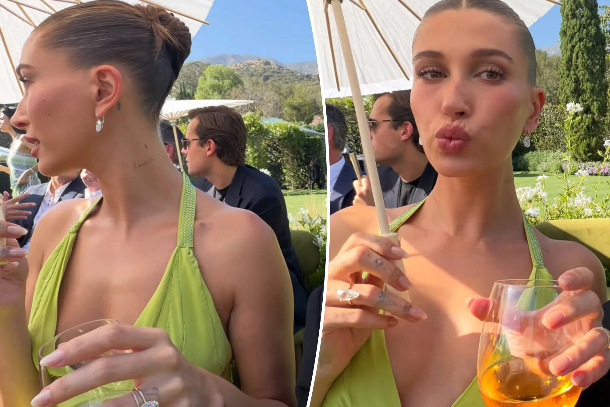 Hailey Bieber attending a wedding in a vintage Versace dress