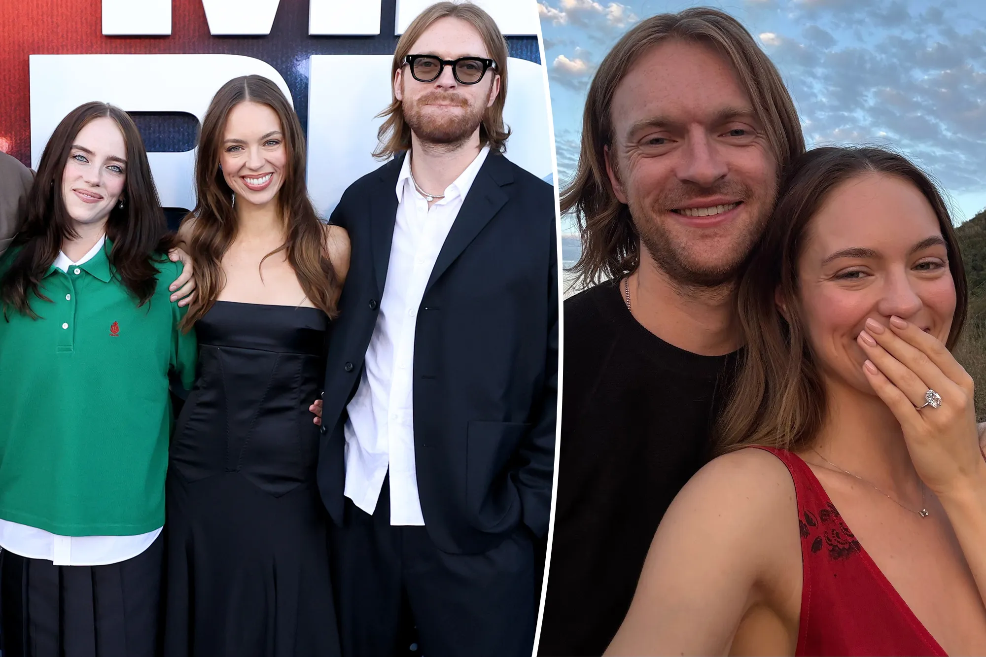 Collage of three people on a red carpet, and a close-up photo of a man and a woman smiling.