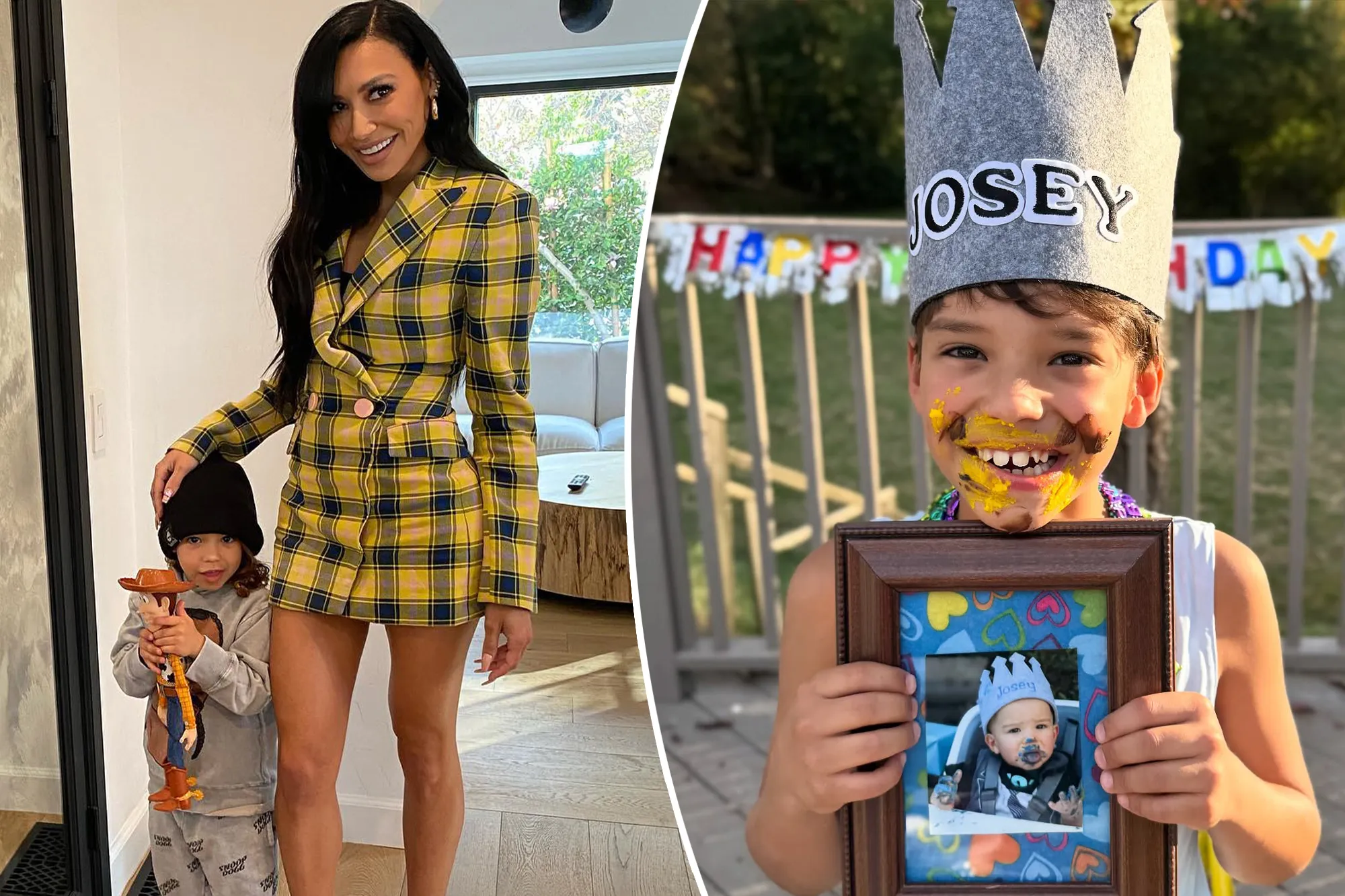 Collage of a woman and child in a plaid outfit, and a child with cake on his face holding a framed photo.