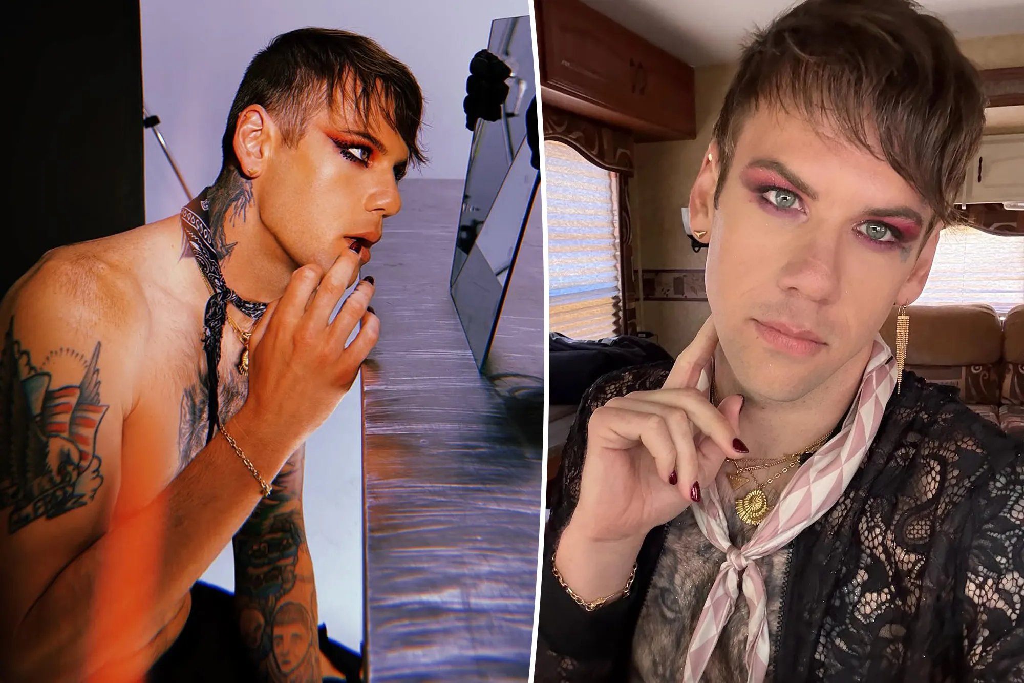 Collage of two images of a person with dark hair, tattoos, and makeup.