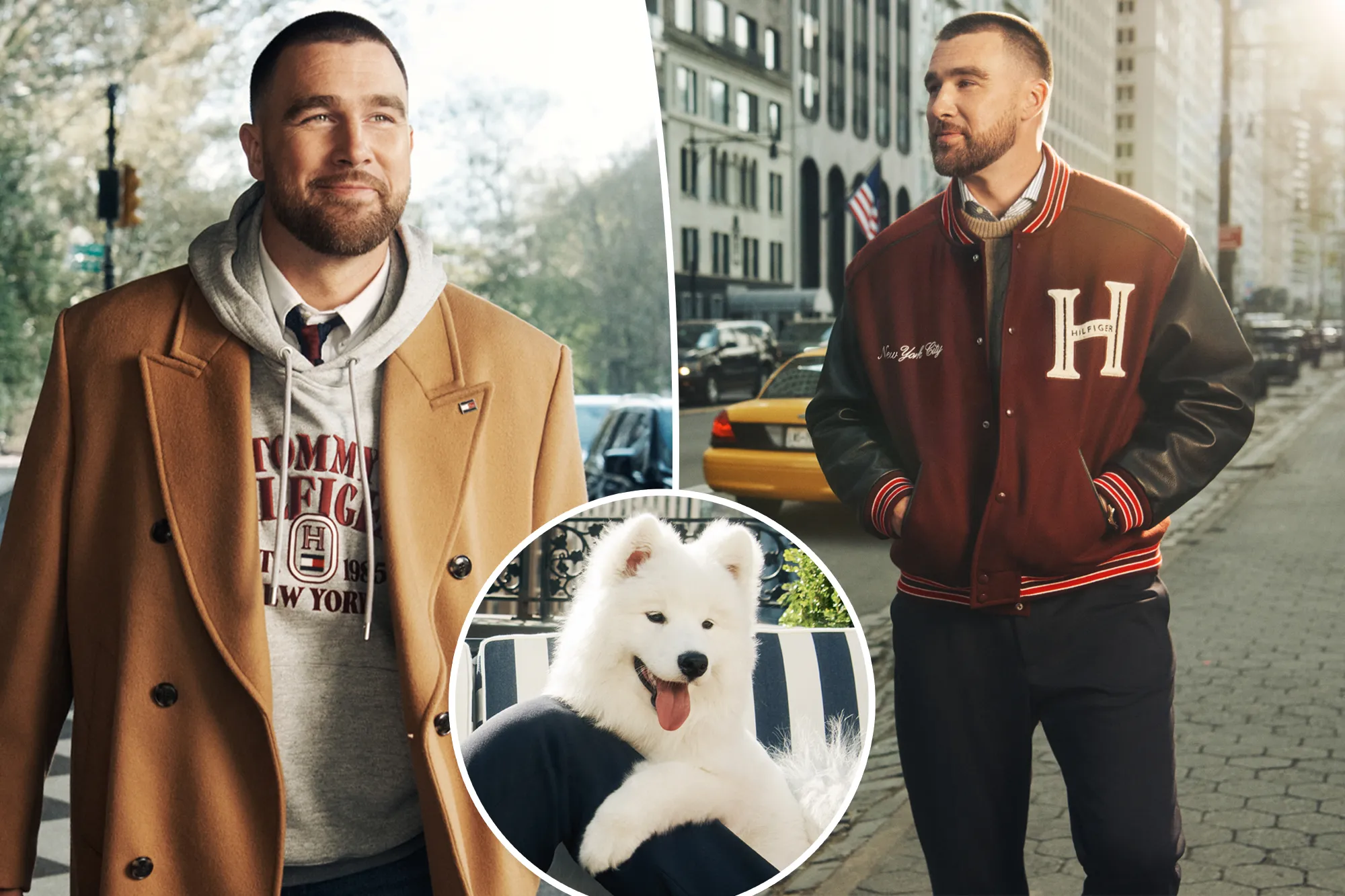 Travis Kelce smiling during a stylish brand photoshoot