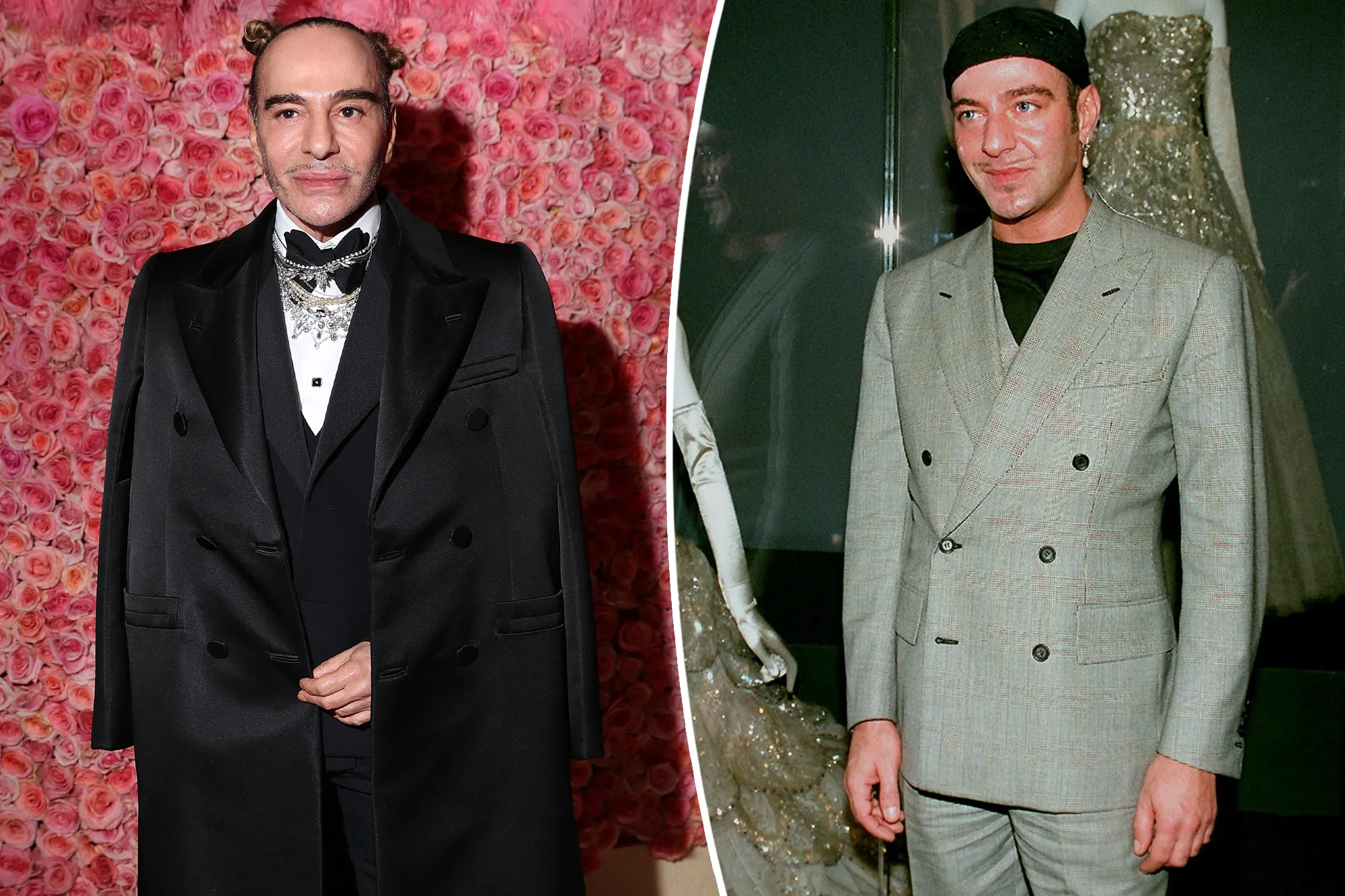 Collage of John Galliano in a black tuxedo with decorative neckwear and hair buns, and John Galliano in a gray plaid suit and black head covering.