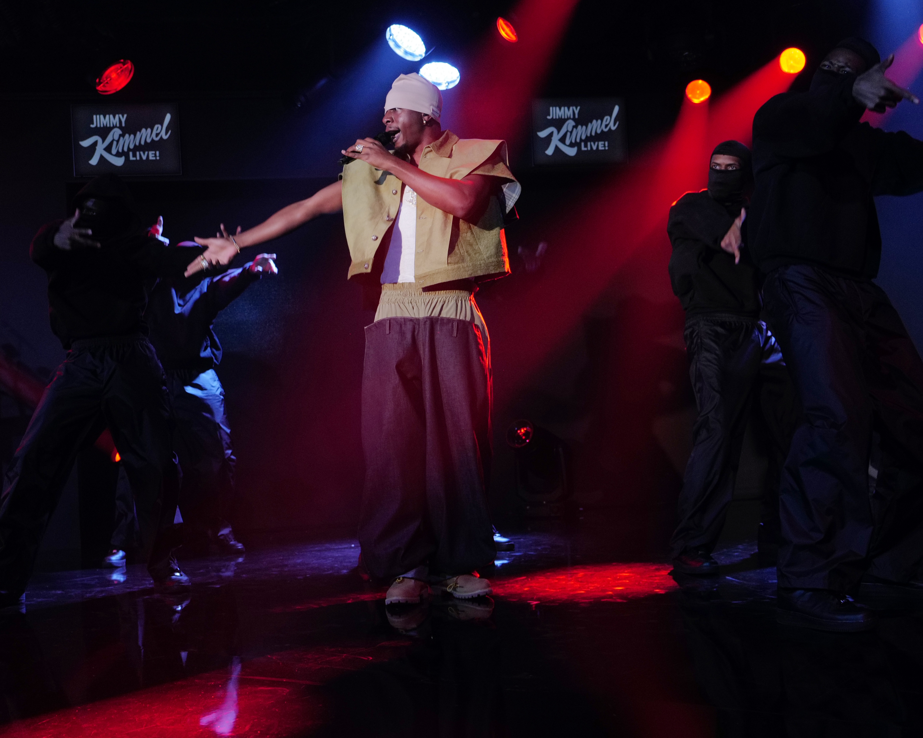 Musical guest Joey Bada$$ performs on Jimmy Kimmel Live! with backup dancers.