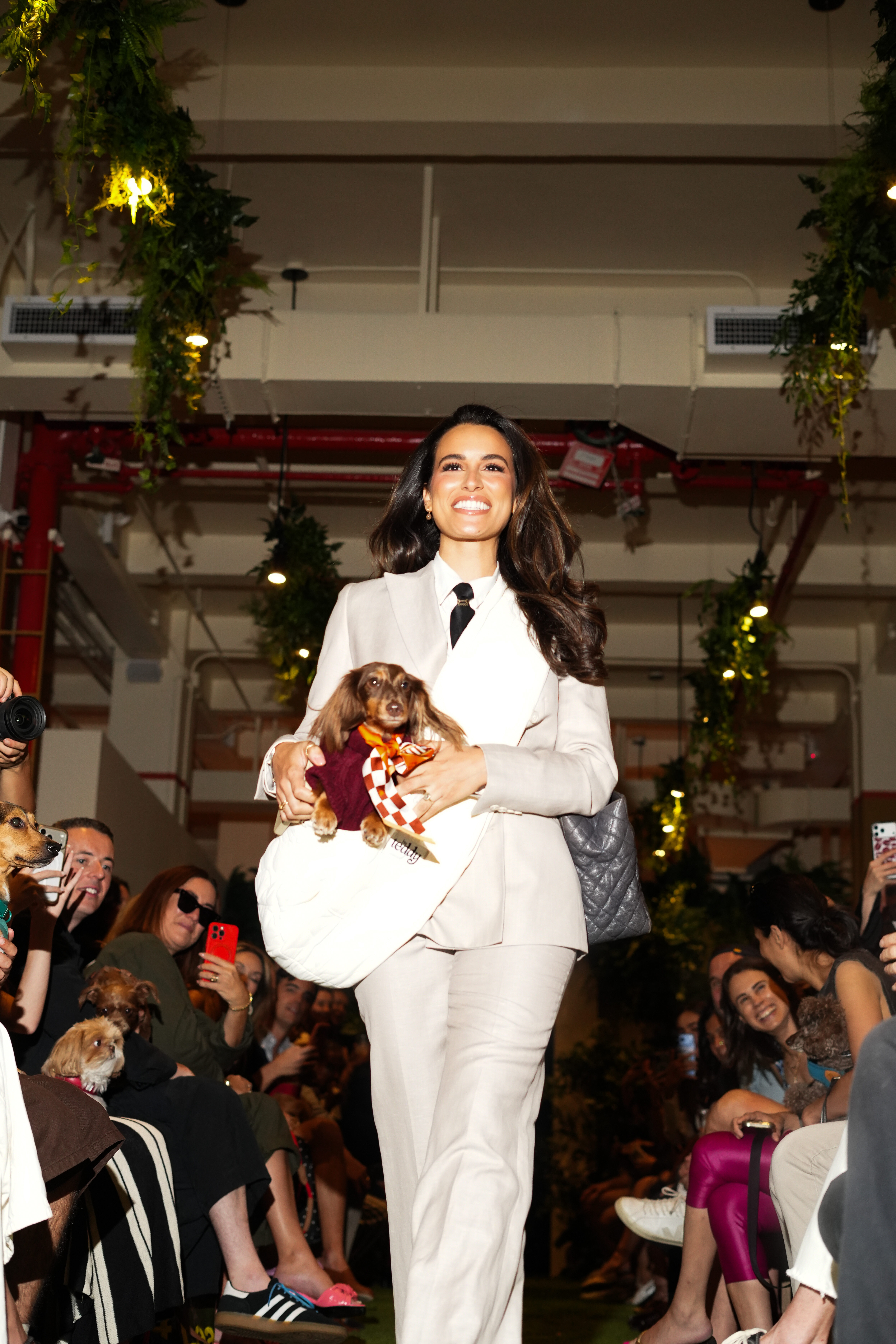 A woman in a beige suit carrying a long-haired dachshund in a white carrier bag walks down a runway.