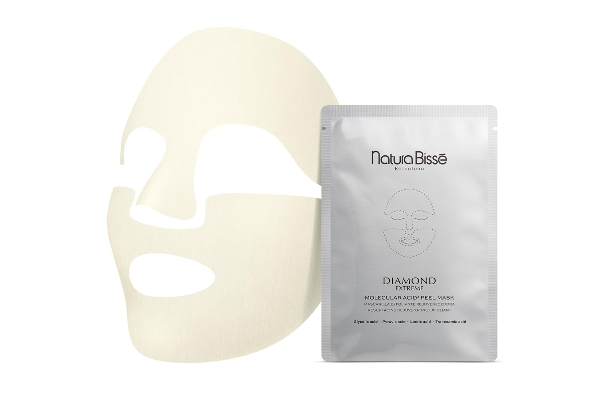 Natura Bissé Diamond Extreme Molecular Acid Peel-Mask next to an unfolded mask.
