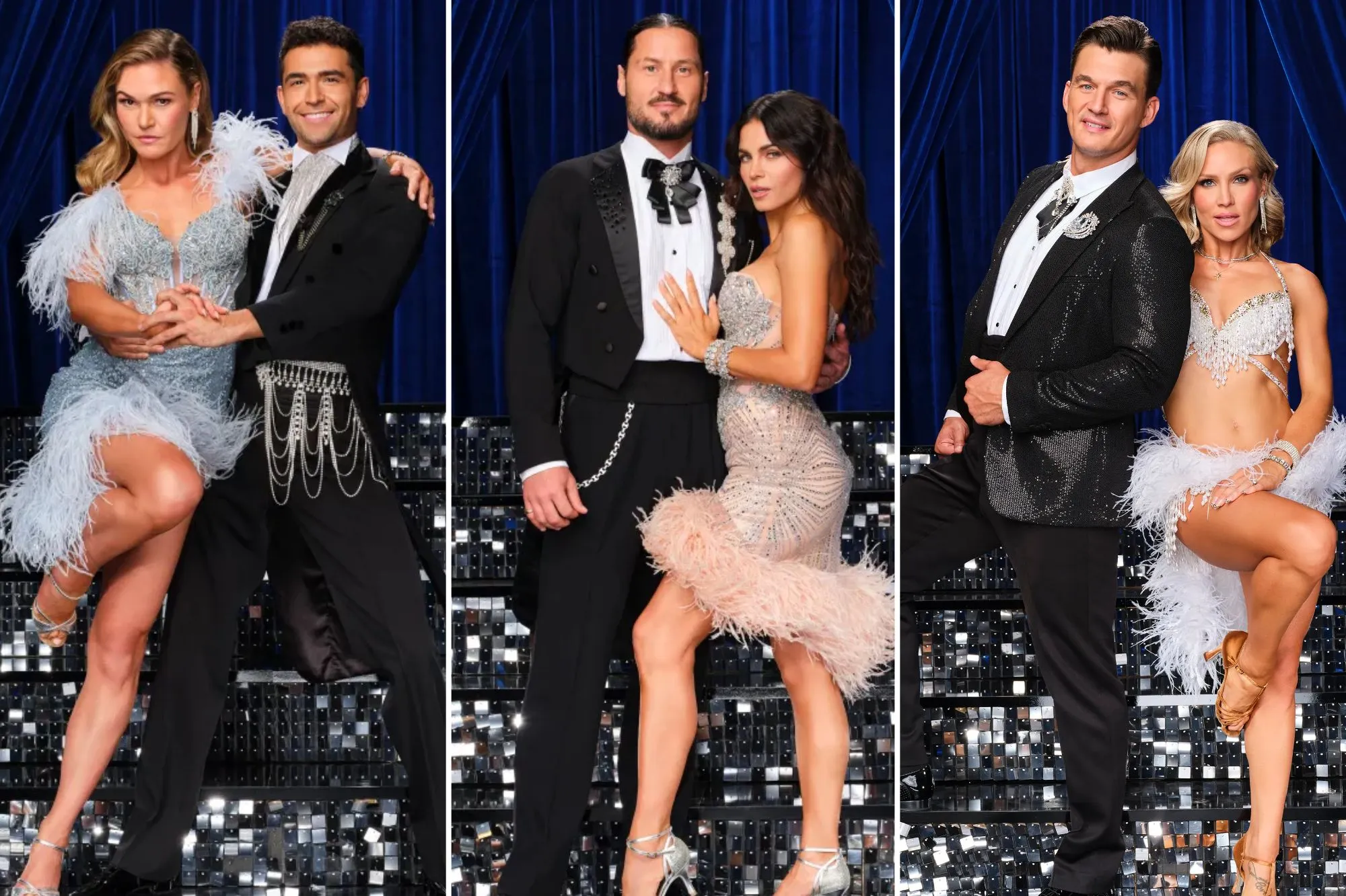 An image collage containing 3 images, Image 1 shows Julia Stiles and Ezra Sosa pose together on a stage with blue curtains and a sparkly, reflective floor, Image 2 shows Valentin Chmerkovskiy in a tuxedo and Jenna Dewan