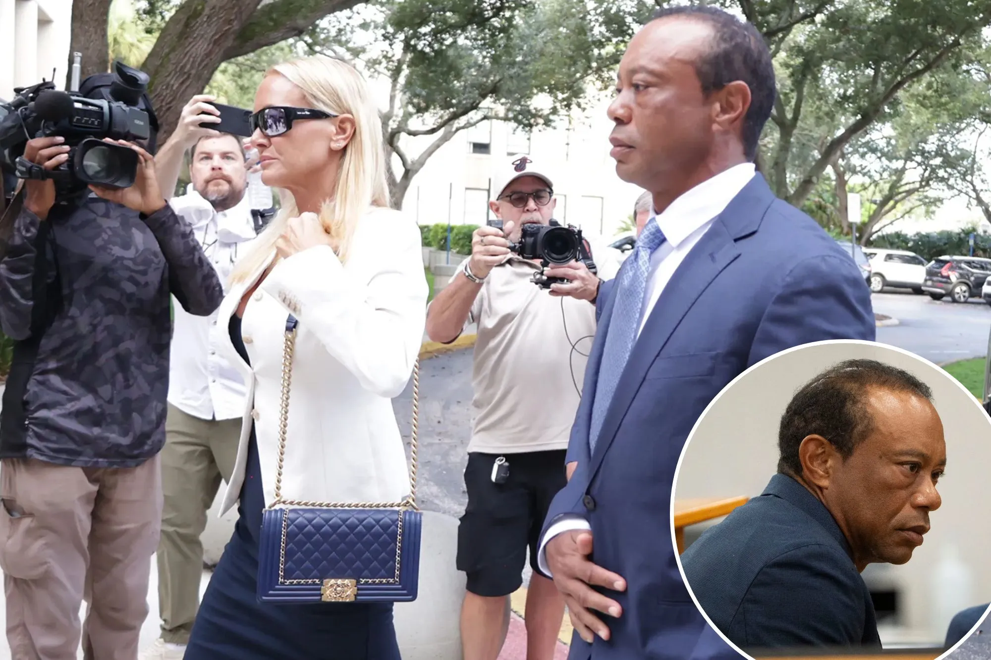 An image collage containing 2 images, Image 1 shows Tiger Woods and Lindsey Vonn are surrounded by photographers, Image 2 shows Tiger Woods attending a plea hearing