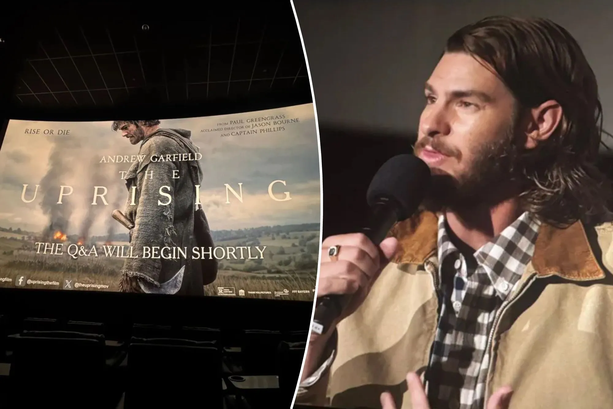 An image collage containing 2 images, Image 1 shows Movie screen displaying a poster for "The Uprising" starring Andrew Garfield, with text "The Q&A will begin shortly.", Image 2 shows Andrew Garfield speaking into a mic