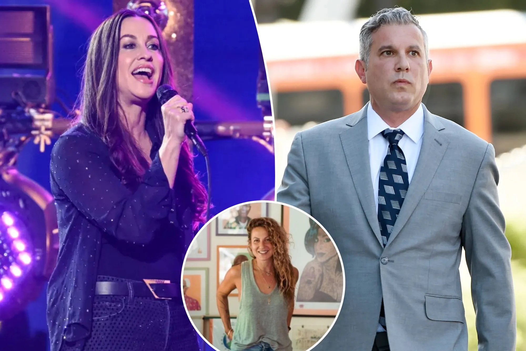 An image collage containing 3 images, Image 1 shows Alanis Morissette performs onstage, Image 2 shows Jonathan Todd Schwartz, former business manager for Alanis Morissette, and his attorney Nathan Hochman arrive at court