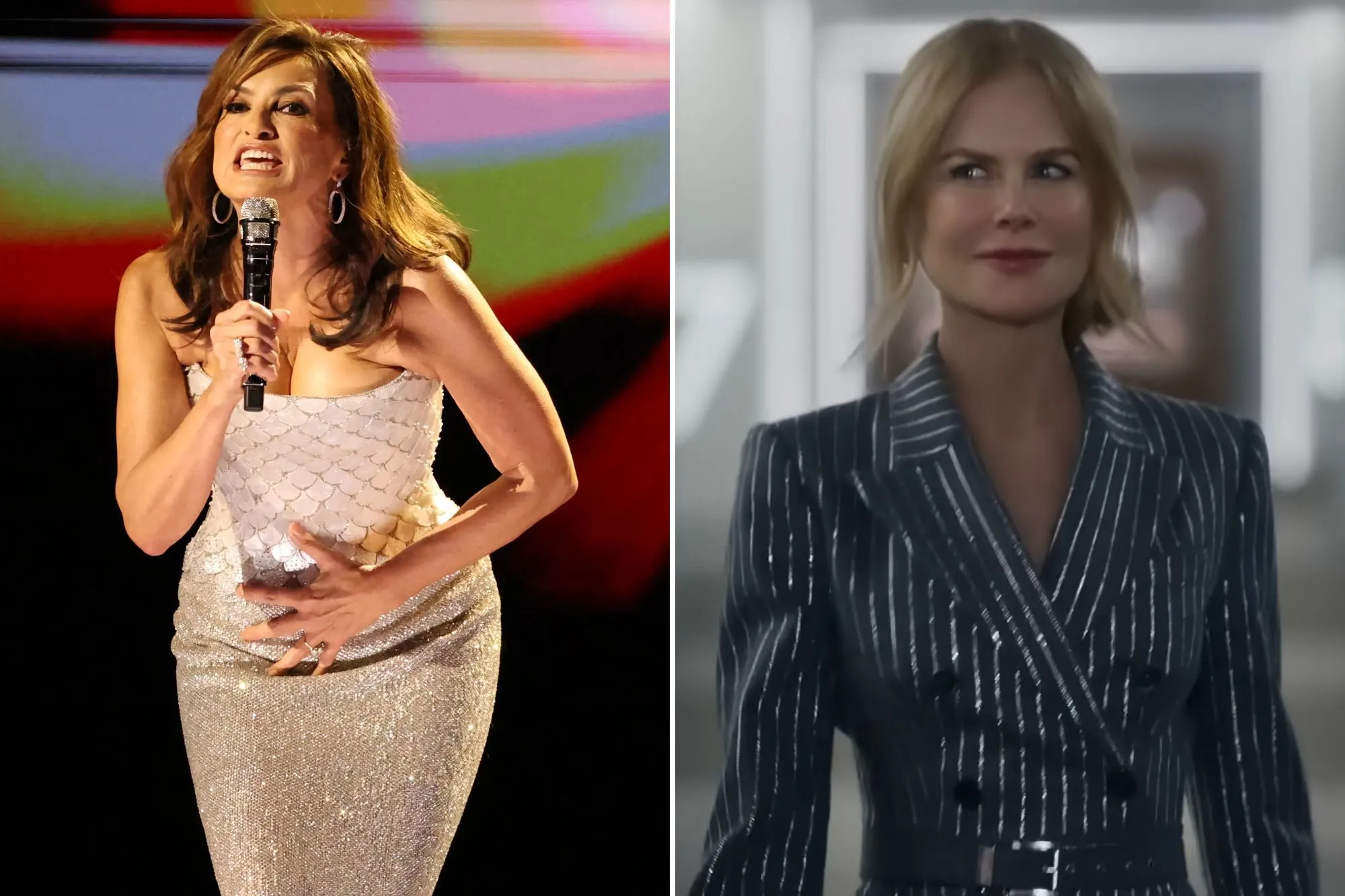 An image collage containing 2 images, Image 1 shows Mariska Hargitay speaks during the 78th Primetime Emmy Awards in Los Angeles, Image 2 shows Nicole Kidman in a striped jacket in a futuristic hallway