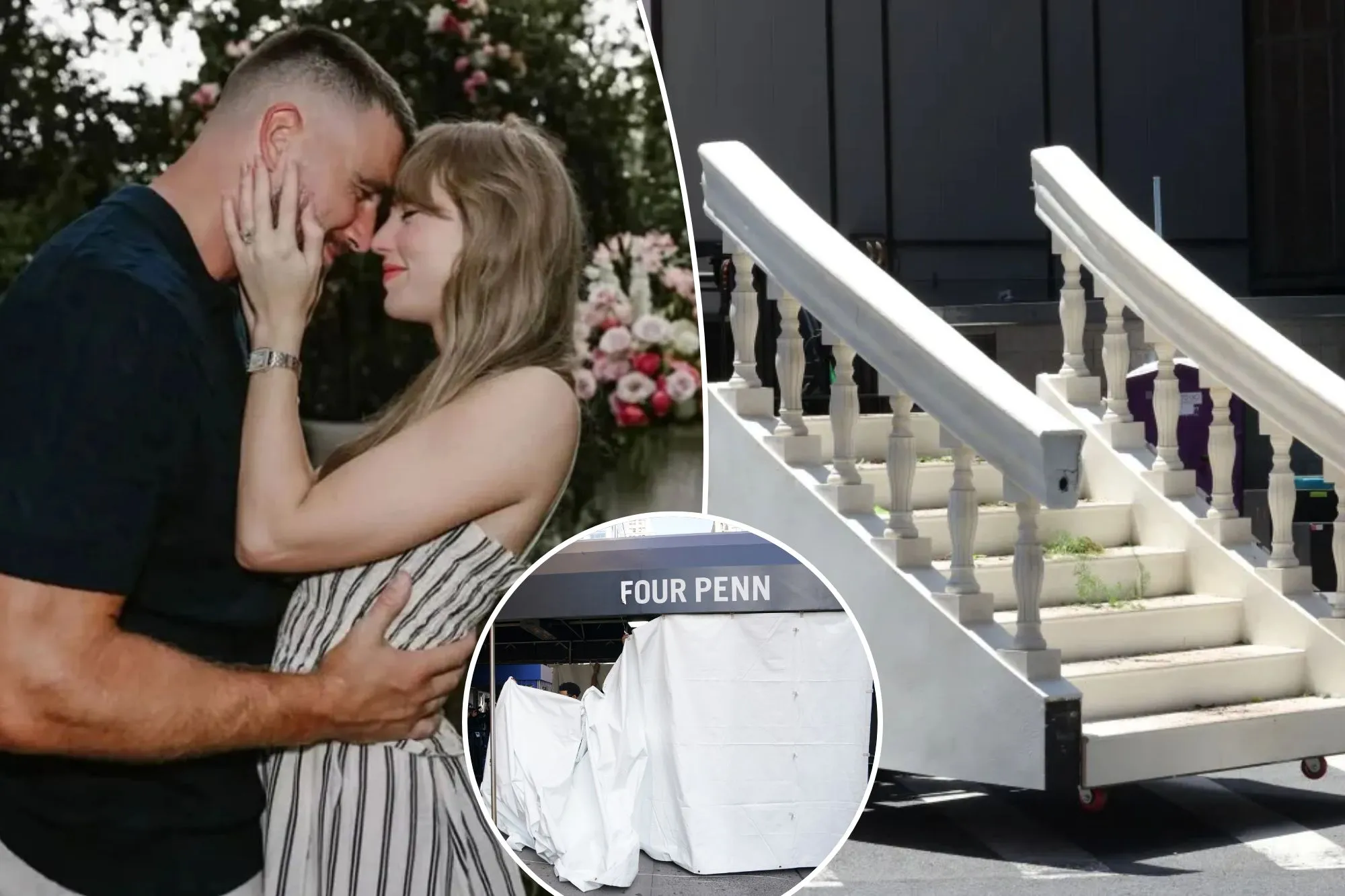 An image collage containing 3 images, Image 1 shows An image collage containing 1 images, Image 1 shows Taylor Swift and Travis Kelce embracing, with Swift's hand on Kelce's face, surrounded by flowers, Image 2 shows A f