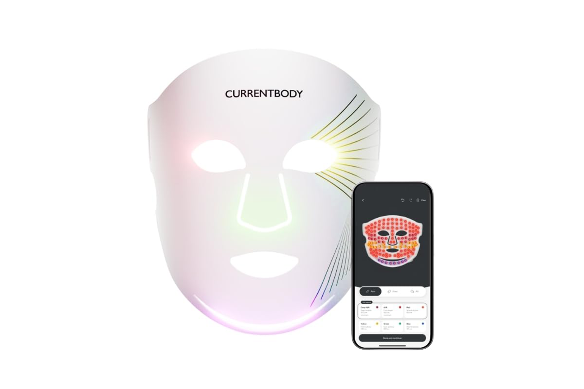 Illustration of a CurrentBody LED face mask and a smartphone displaying its app.