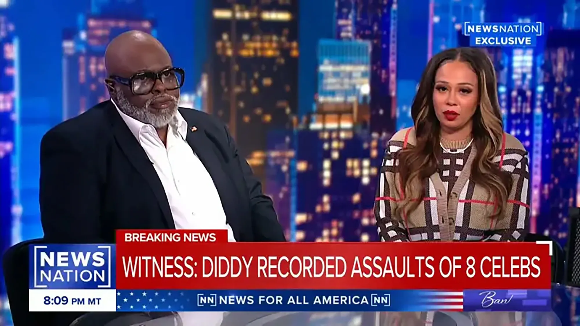 Courtney Burgess, the music manager, and his attorney, Ariel Mitchell, are shown on NewsNation with the headline "WITNESS: DIDDY RECORDED ASSAULTS OF 8 CELEBS".