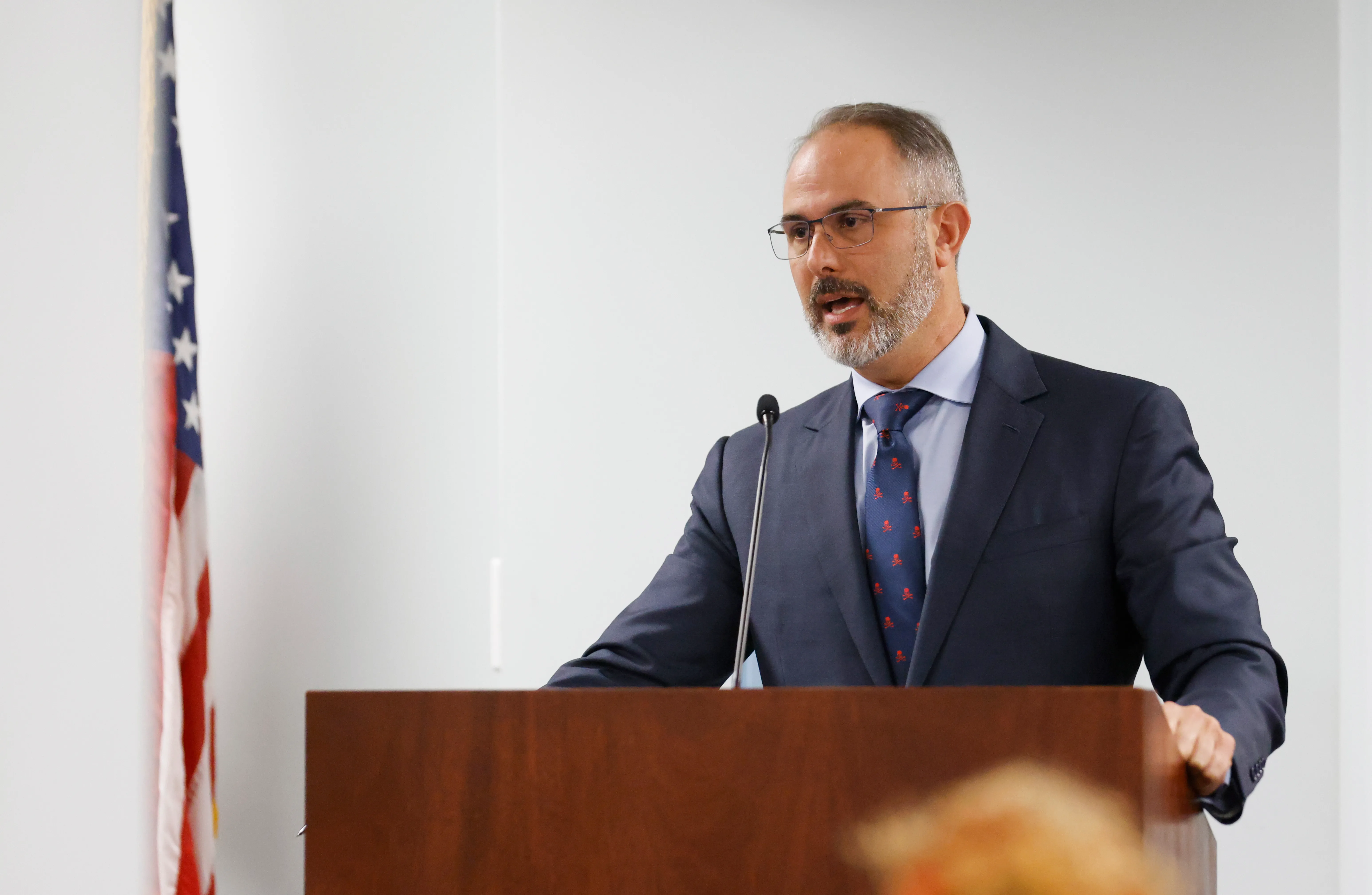 Defense attorney Jason Sheffield speaking during jury selection in the trial of the men charged with killing Ahmaud Arbery.