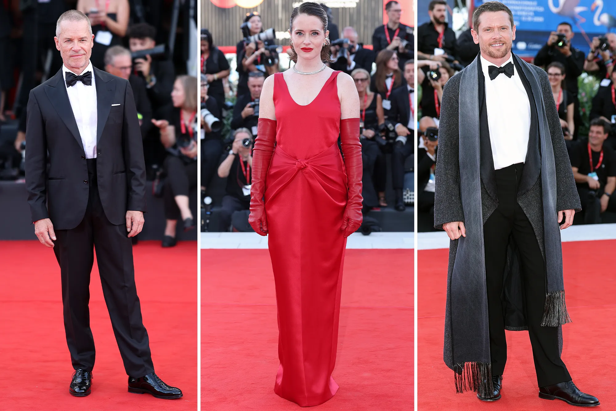 Claire Foy, Jack O'Connell, and Guy Pearce pose on the red carpet at the Venice Film Festival premiere of Ink.