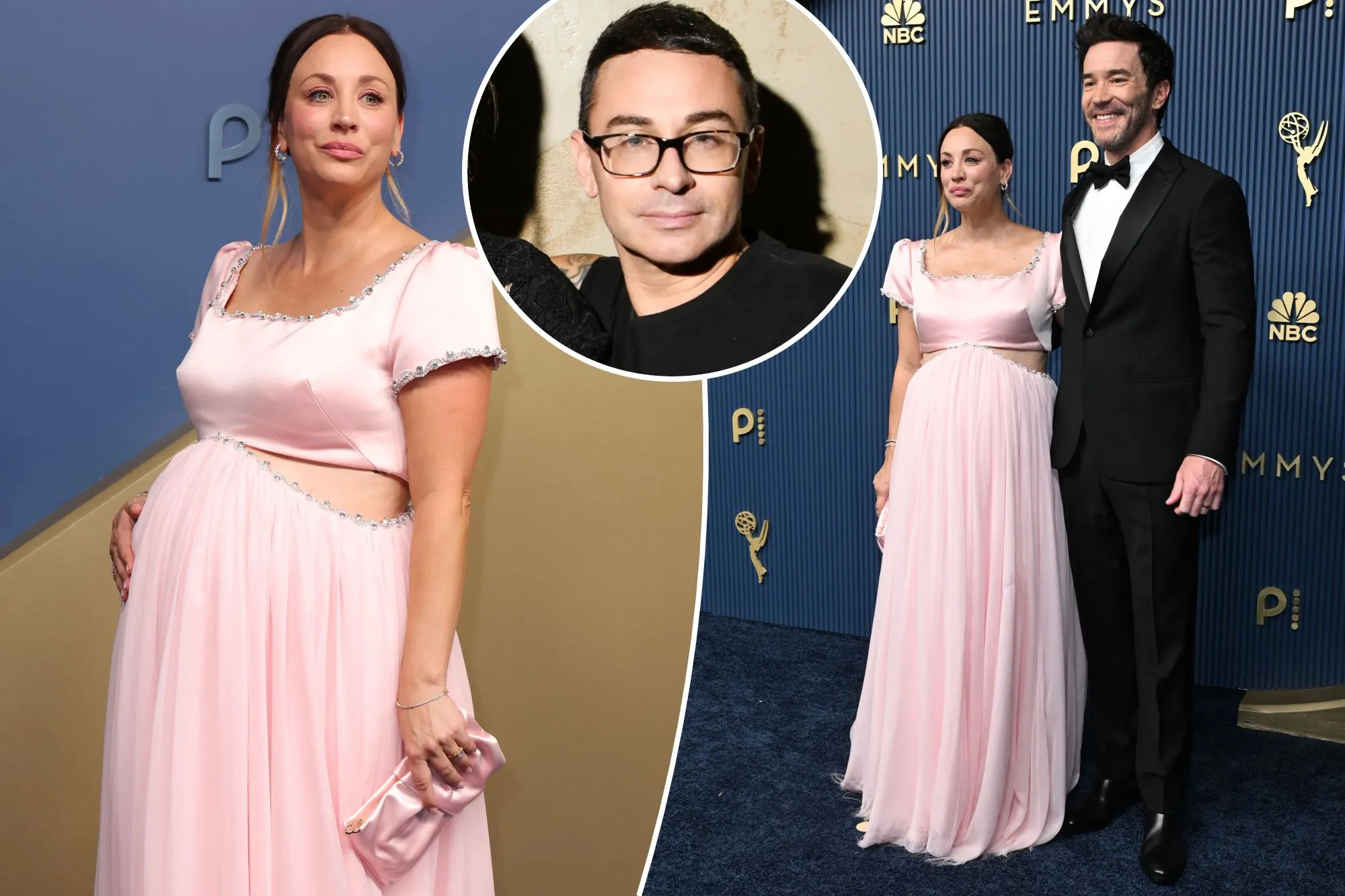 An image collage containing 3 images, Image 1 shows Kaley Cuoco in a pink dress at the 78th Primetime Emmy Awards, Image 2 shows Kaley Cuoco and Tom Pelphrey at the 78th Primetime Emmy Awards, Image 3 shows Evan Rachel W