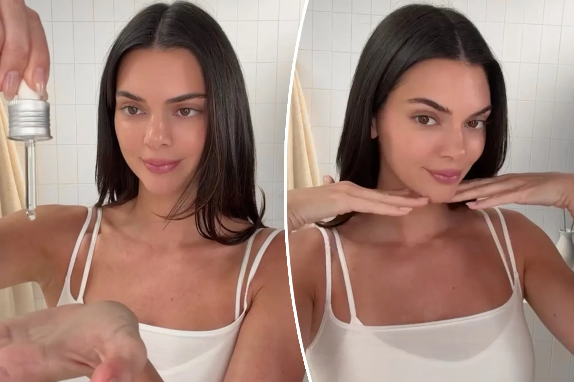 Kendall Jenner posing at a red carpet event with glowing skin