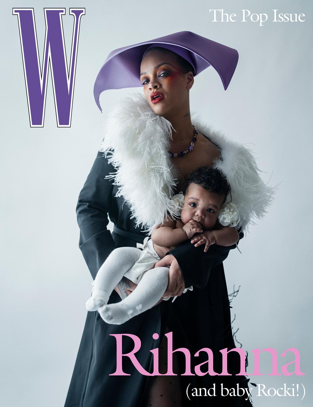 Rihanna holding her baby Rocki on a magazine cover.