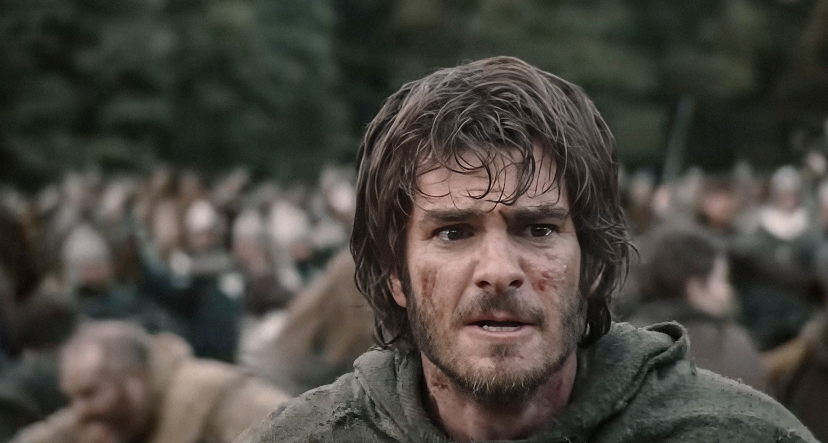 Andrew Garfield as a blood-splattered warrior in "The Uprising"