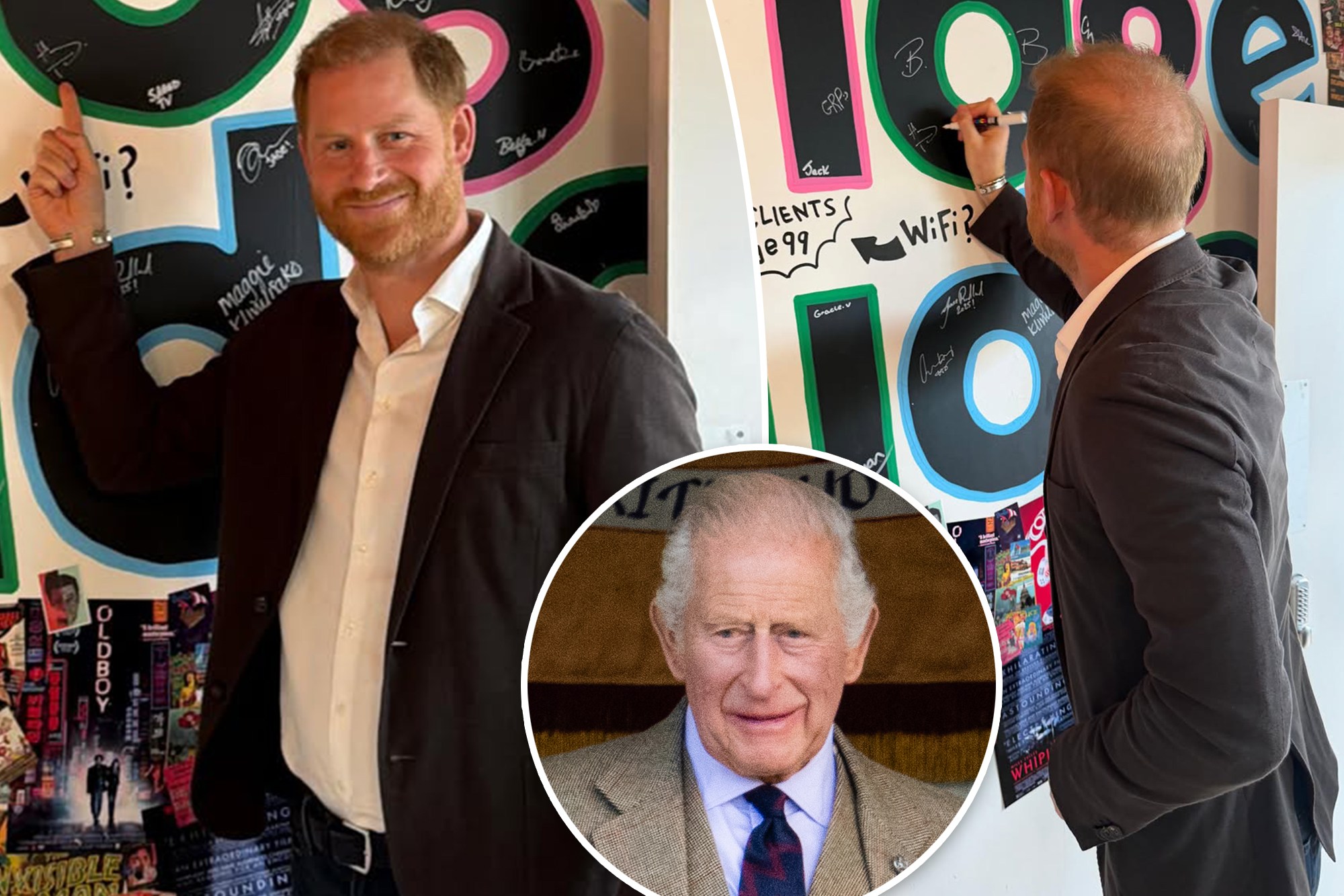 Collage of two images of Prince Harry and an inset image of King Charles.